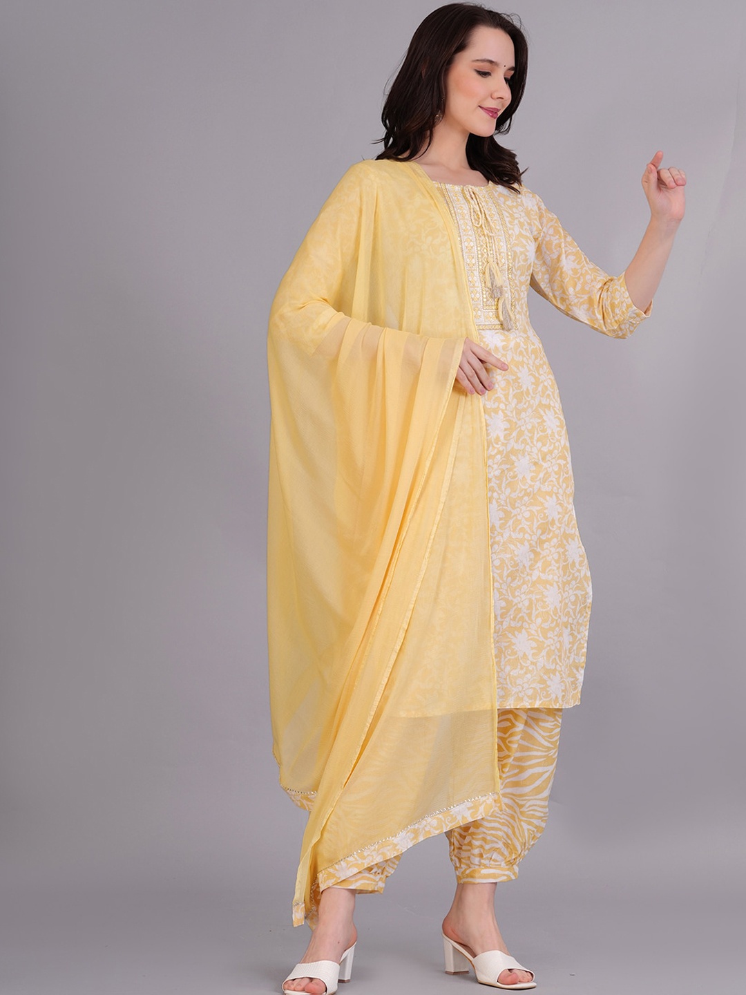 KALINI Floral Printed Mirror Work Tie-Up Neck Pure Cotton Kurta With Trousers & Dupatta, Yellow
KALINI Floral Printed Mirror Work Tie-Up Neck Pure Cotton Kurta With Trousers & Dupatta, Yellow