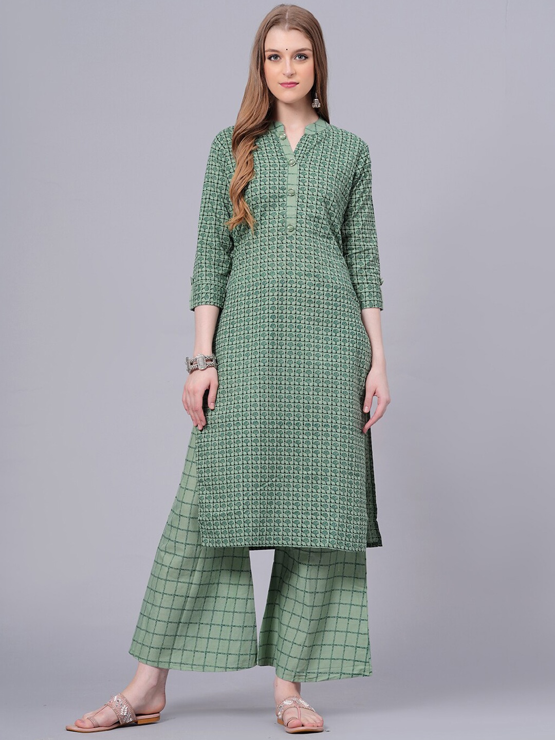 KALINI Ethnic Motifs Printed Mandarin Collar Pure Cotton Straight Kurta With Palazzo, Green
KALINI Ethnic Motifs Printed Mandarin Collar Pure Cotton Straight Kurta With Palazzo, Green