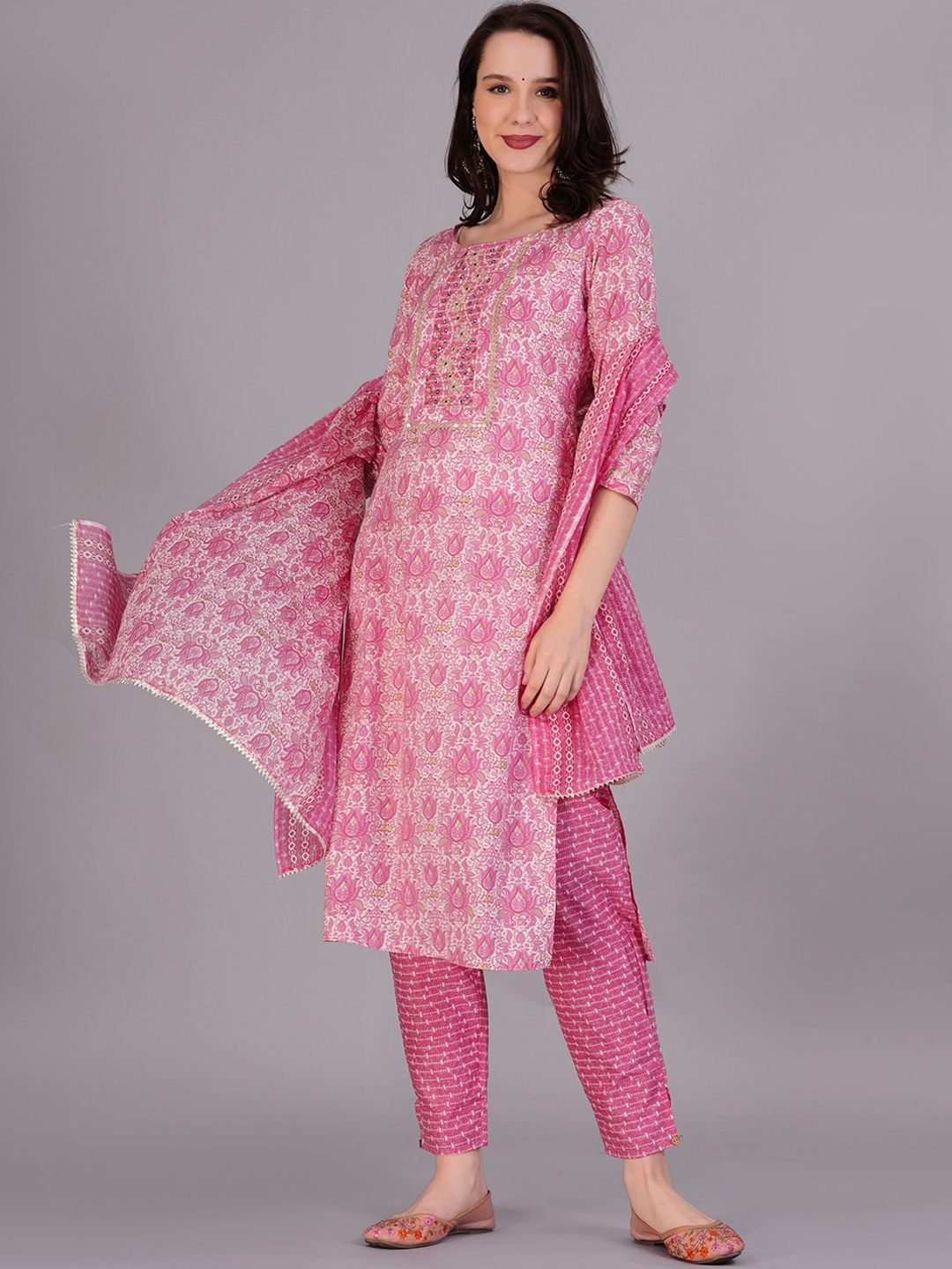 KALINI Ethnic Motifs Printed Mirror Work Pure Cotton Kurta With Trousers & Dupatta, Pink
KALINI Ethnic Motifs Printed Mirror Work Pure Cotton Kurta With Trousers & Dupatta, Pink