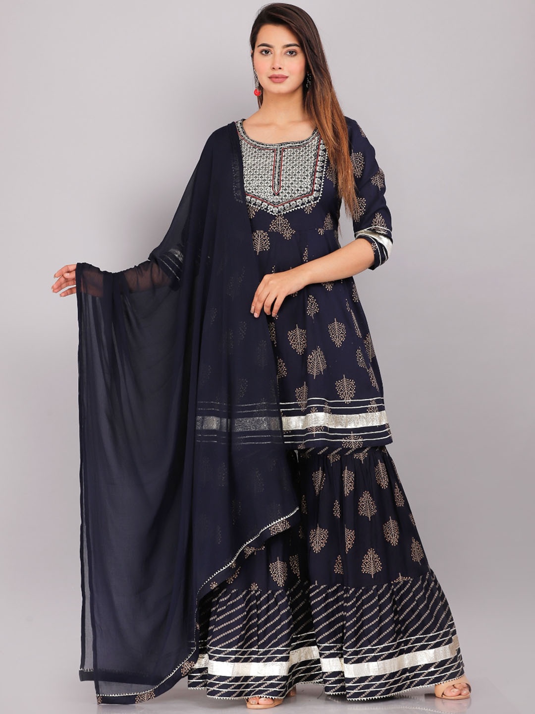 KALINI Ethnic Motifs Printed A-Line Gotta Patti Kurta With Sharara & Dupatta, Navy blue
KALINI Ethnic Motifs Printed A-Line Gotta Patti Kurta With Sharara & Dupatta, Navy blue
