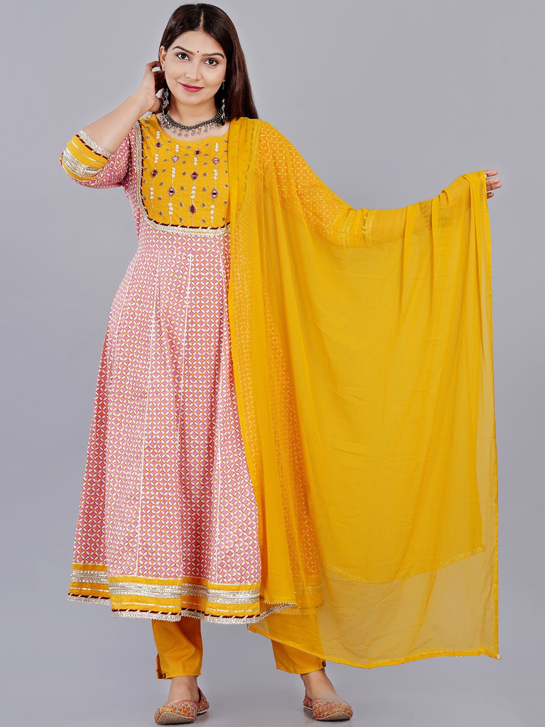 KALINI Ethnic Motifs Printed Mirror Work Cotton Anarkali Kurta & Trousers With Dupatta, Peach
KALINI Ethnic Motifs Printed Mirror Work Cotton Anarkali Kurta & Trousers With Dupatta, Peach