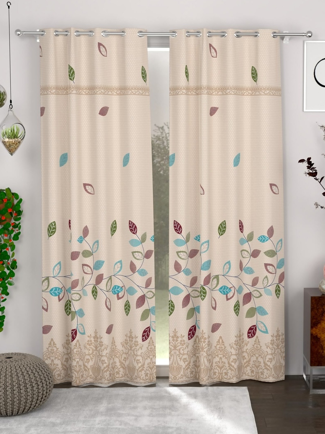 CG HOMES Beige 2 Pieces Floral Printed Door Curtain