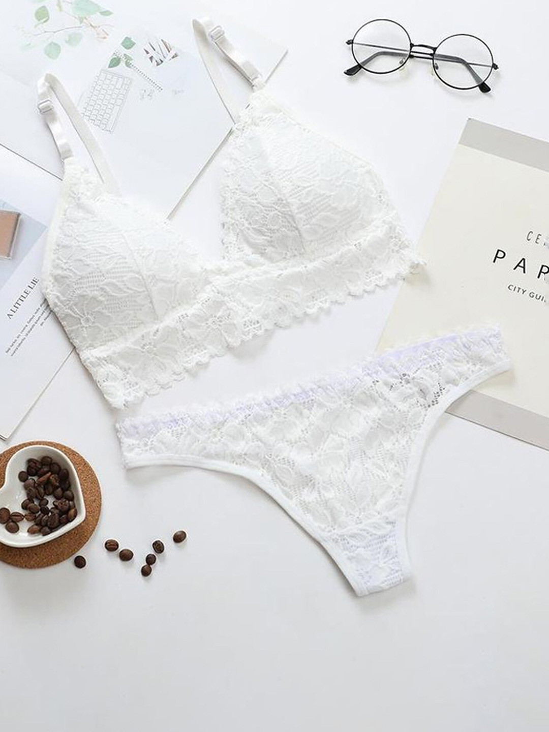 LULU & SKY Self Design Lingerie Set, White 
LULU & SKY Self Design Lingerie Set, White