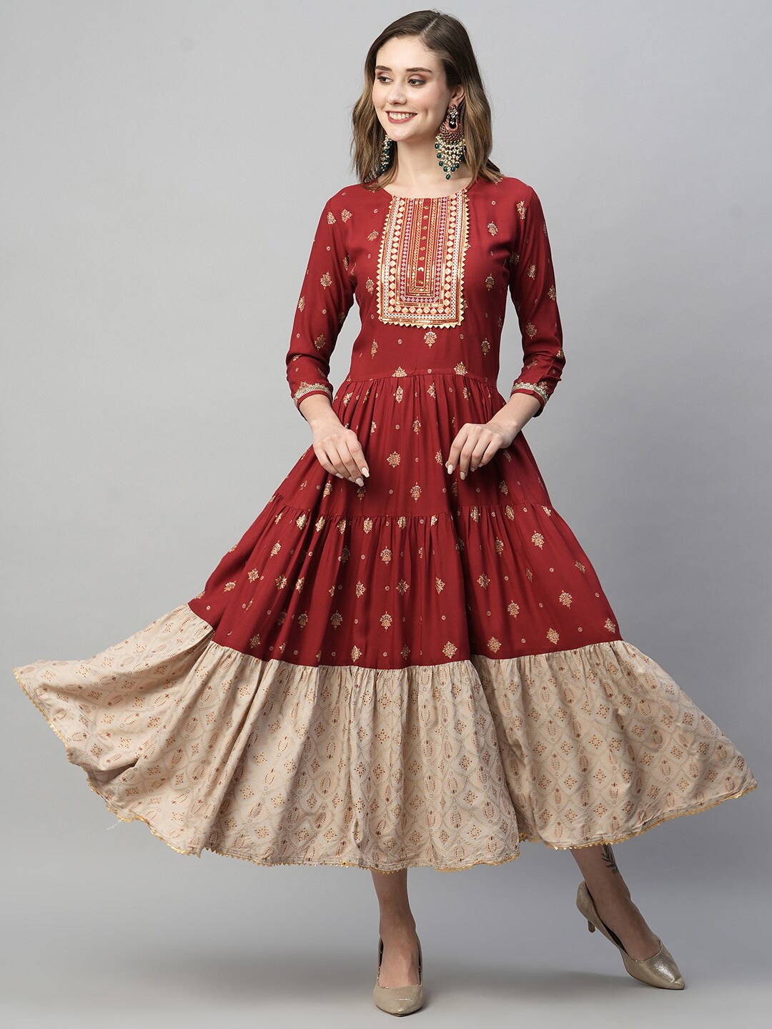 KALINI Ethnic Motifs Printed Round Neck Embroidered Tiered Fit & Flare Midi Ethnic Dress, Maroon
KALINI Ethnic Motifs Printed Round Neck Embroidered Tiered Fit & Flare Midi Ethnic Dress, Maroon