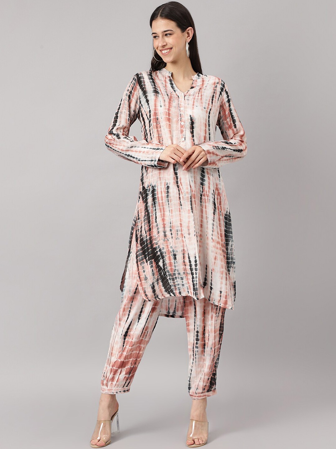 KALINI Tie and Dye Printed Mandarin Collar Long Sleeves Regular Kurta With Salwar, Cream
KALINI Tie and Dye Printed Mandarin Collar Long Sleeves Regular Kurta With Salwar, Cream
