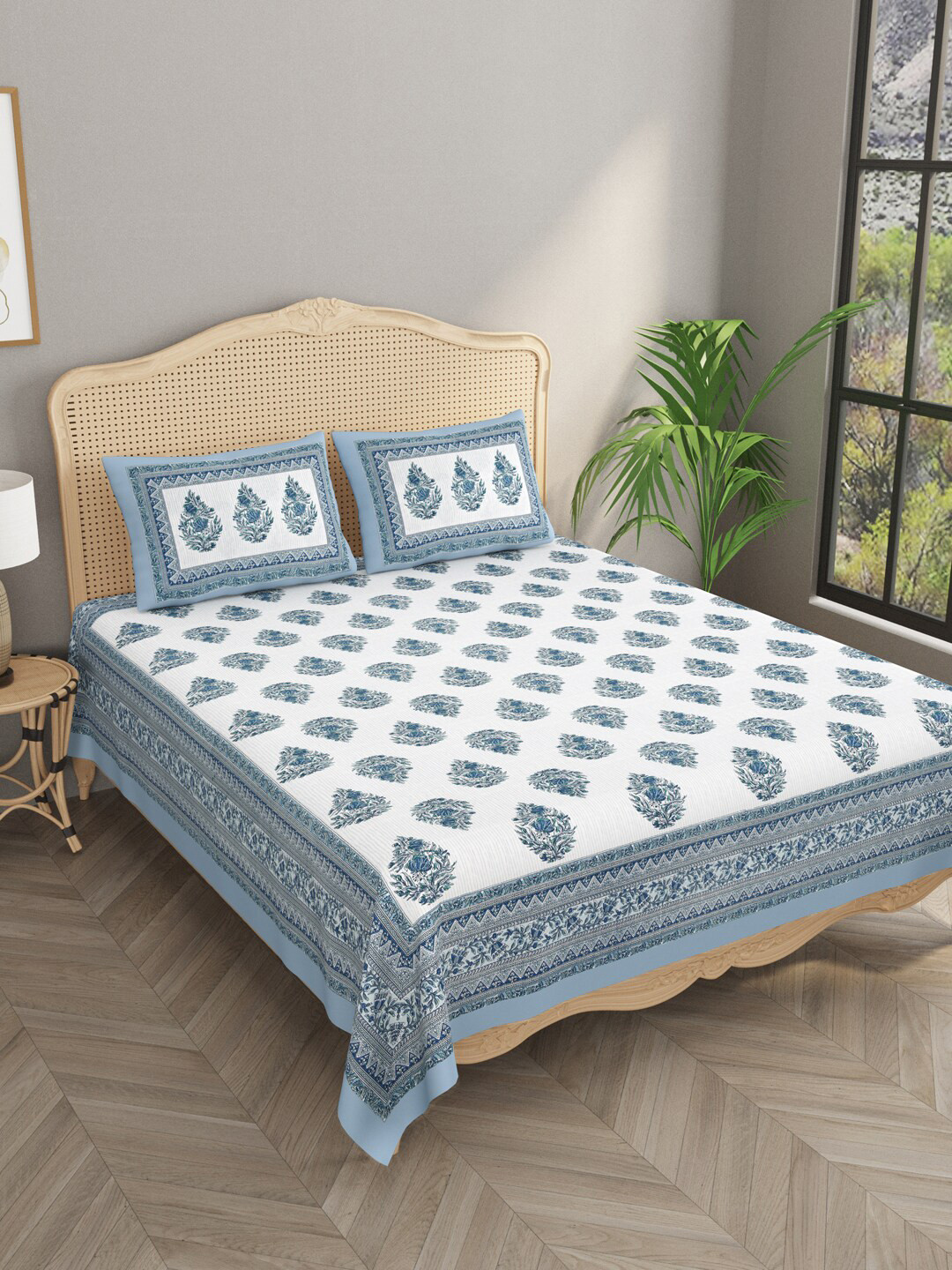 Gulaab Jaipur Blue Floral Egyptian Cotton 600 TC King Bedsheet with 2 Pillow Covers, White
Gulaab Jaipur Blue Floral Egyptian Cotton 600 TC King Bedsheet with 2 Pillow Covers, White