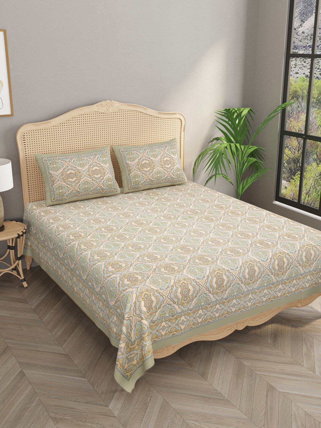 Gulaab Jaipur Green Ethnic Egyptian Cotton 600 TC King Bedsheet with 2 Pillow Covers 
Gulaab Jaipur Green Ethnic Egyptian Cotton 600 TC King Bedsheet with 2 Pillow Covers