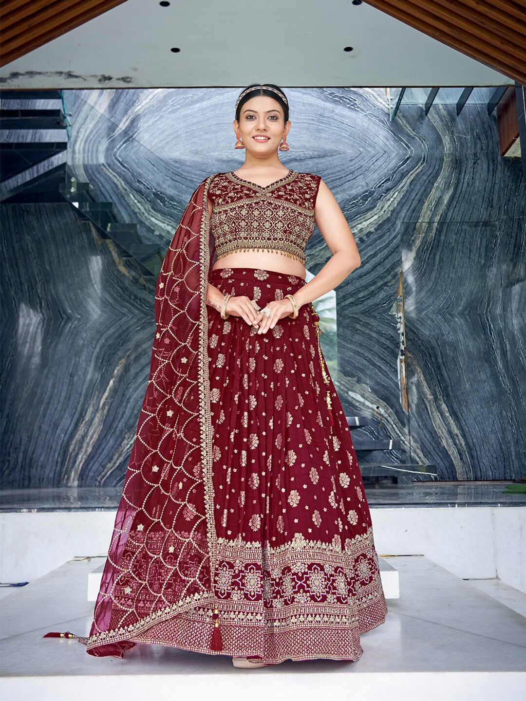 CHANSI Floral Embroidered Mirror Work Ready to Wear Lehenga & Blouse With Dupatta, Maroon
CHANSI Floral Embroidered Mirror Work Ready to Wear Lehenga & Blouse With Dupatta, Maroon