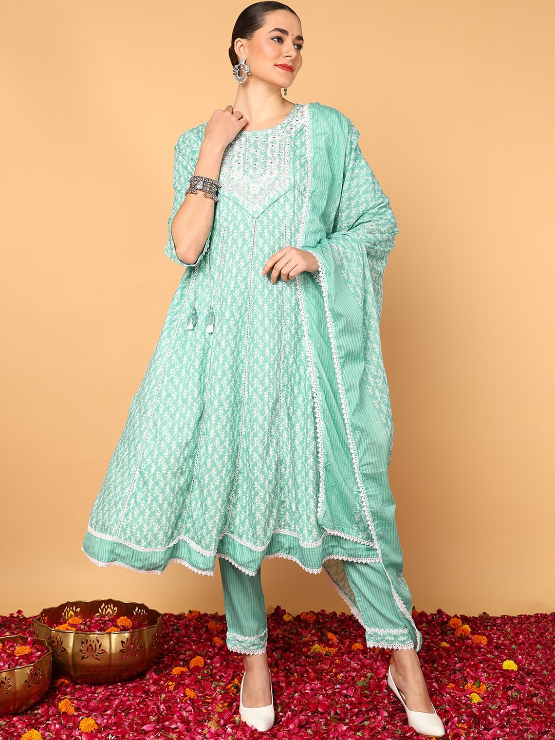 AHIKA Ethnic Motifs Printed Mirror Work Anarkali Kurta & Trousers With Dupatta, Sea green
AHIKA Ethnic Motifs Printed Mirror Work Anarkali Kurta & Trousers With Dupatta, Sea green