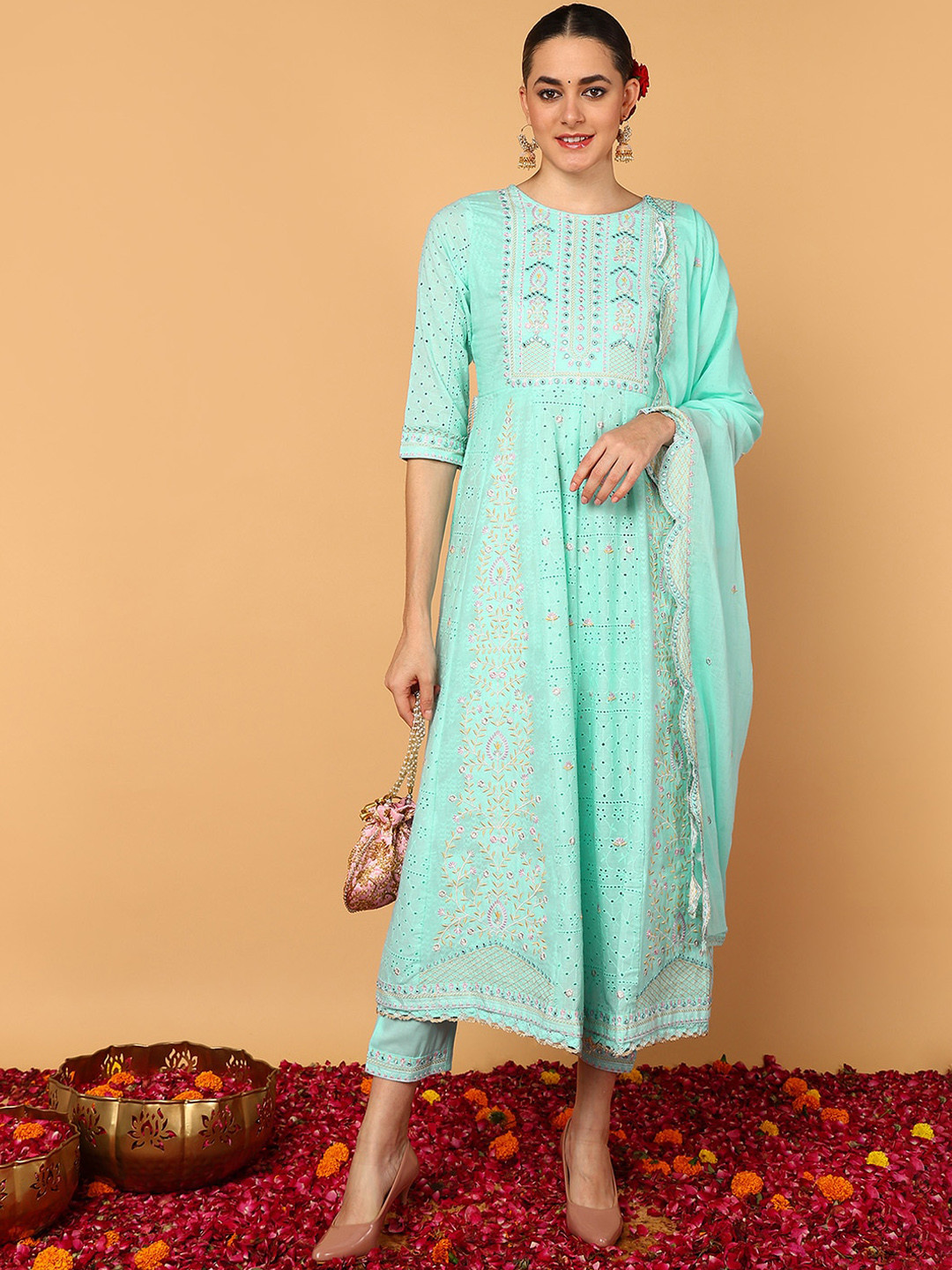 AHIKA Blue Floral Embroidered Pure Cotton Anarkali Kurta & Trouser With Dupatta
AHIKA Blue Floral Embroidered Pure Cotton Anarkali Kurta & Trouser With Dupatta