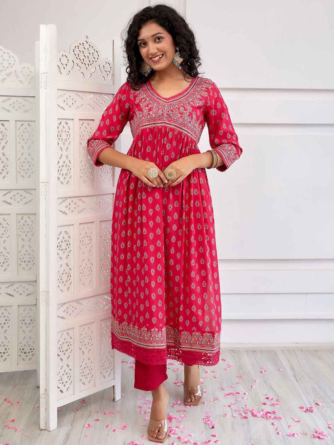 KALINI Ethnic Motifs Printed Thread Work Empire Anarkali Kurta With Trousers & Dupatta, Pink
KALINI Ethnic Motifs Printed Thread Work Empire Anarkali Kurta With Trousers & Dupatta, Pink