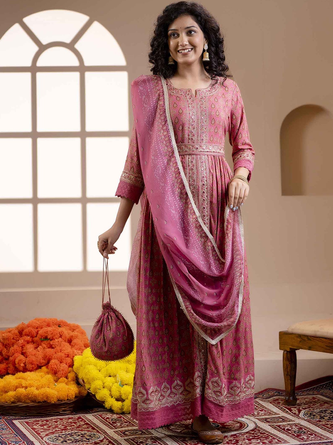 KALINI Ethnic Motifs Printed Pleated Mirror Work Kurta With Trousers & Dupatta, Pink
KALINI Ethnic Motifs Printed Pleated Mirror Work Kurta With Trousers & Dupatta, Pink