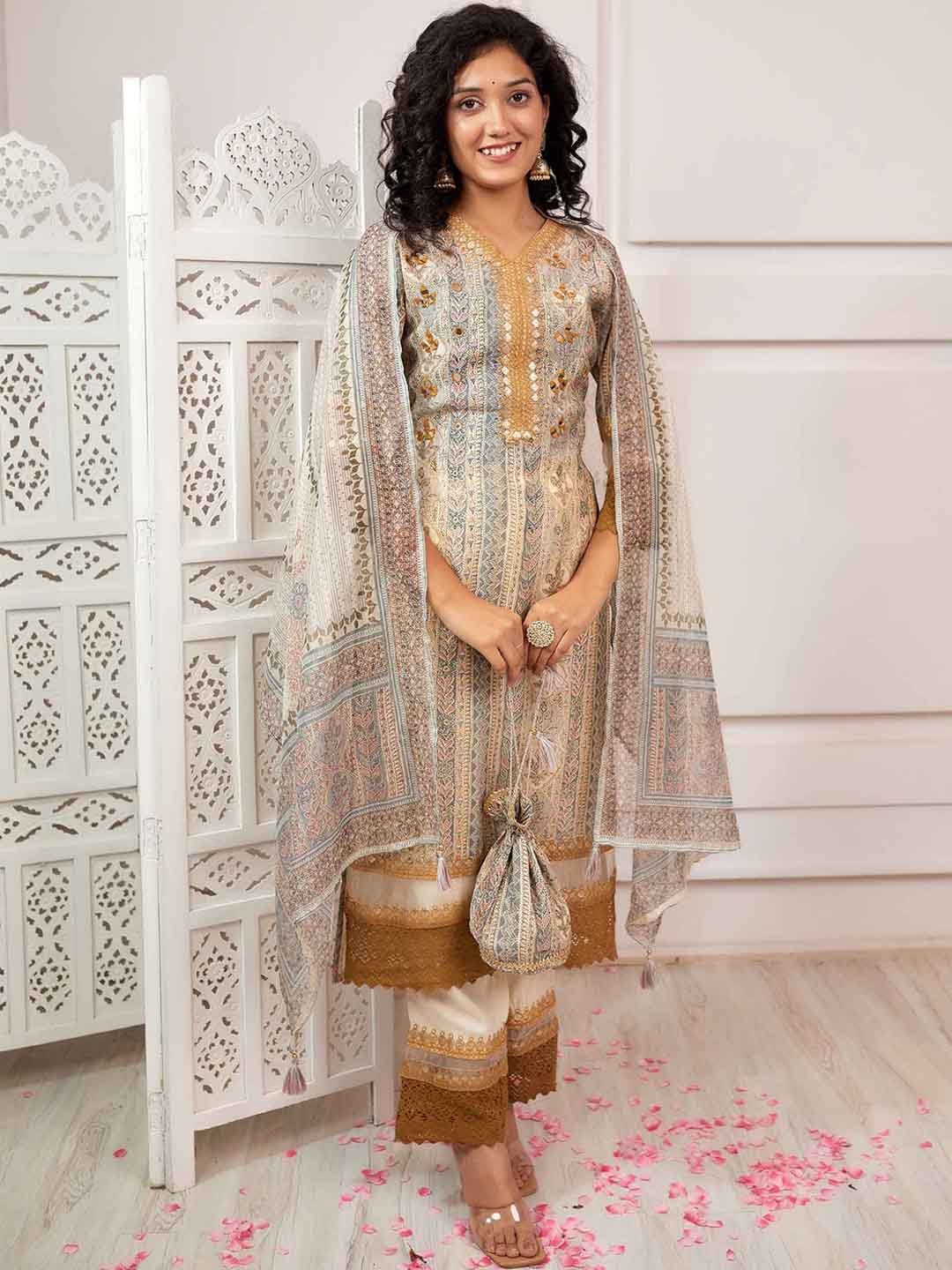 KALINI Ethinc Motifs Printed Mirror Work Straight Kurta & Trousers With Dupatta, Cream
KALINI Ethinc Motifs Printed Mirror Work Straight Kurta & Trousers With Dupatta, Cream