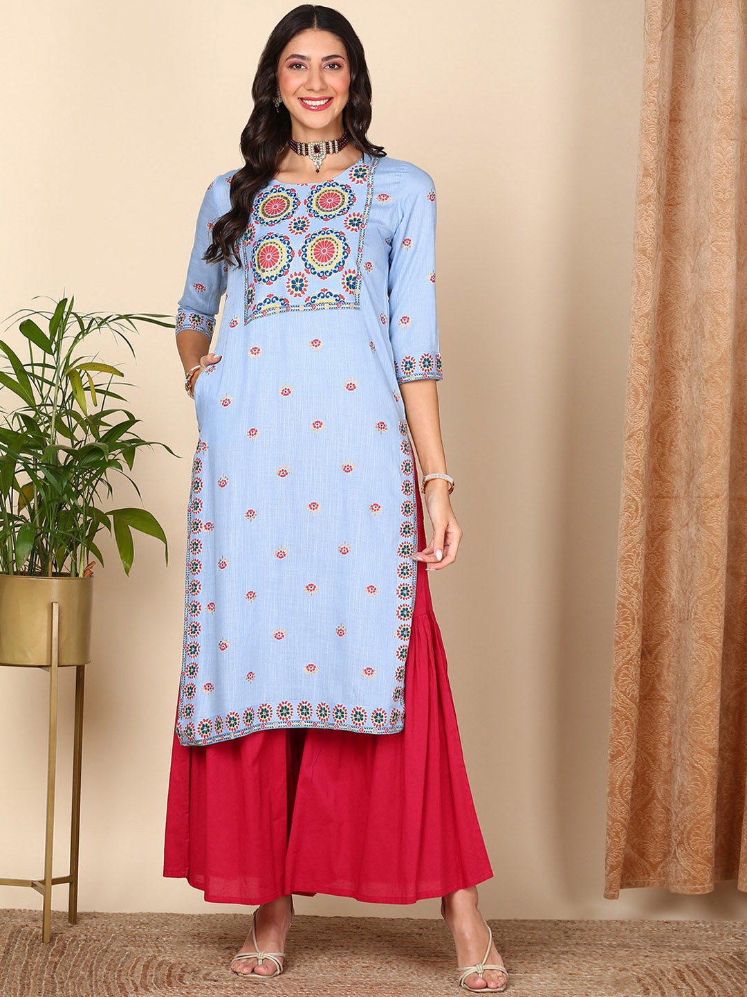 HERE&NOW Ethnic Motifs Printed Straight Kurta, Blue