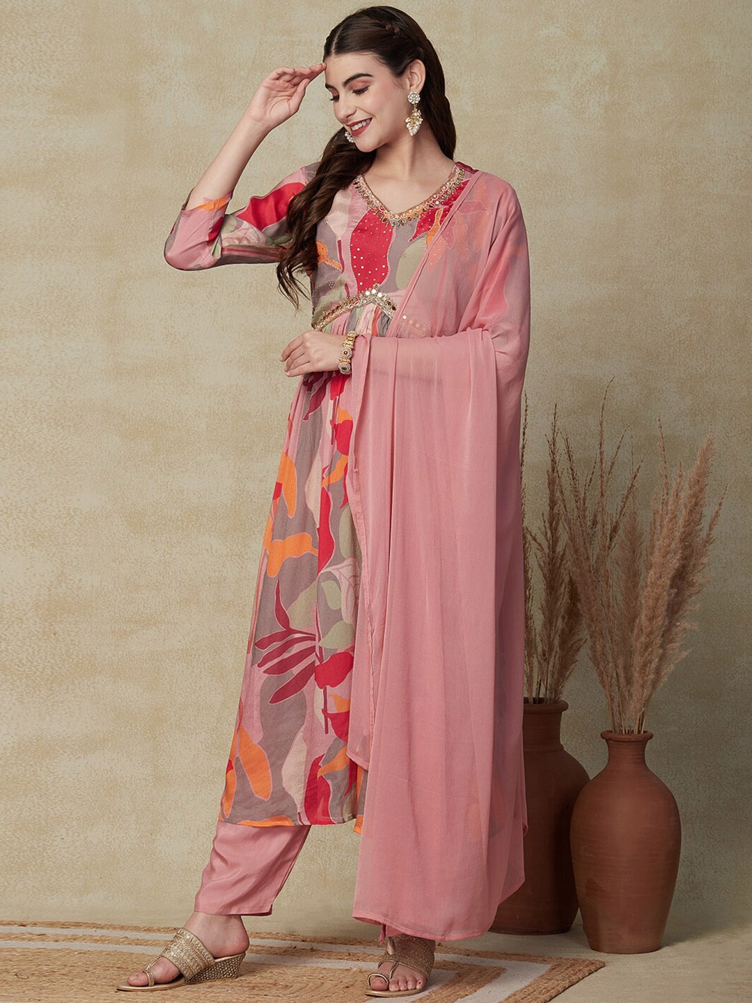 FASHOR Floral Printed A-Line Empire Pleated Beads & Stones Kurta With Trousers & Dupatta, Pink
FASHOR Floral Printed A-Line Empire Pleated Beads & Stones Kurta With Trousers & Dupatta, Pink