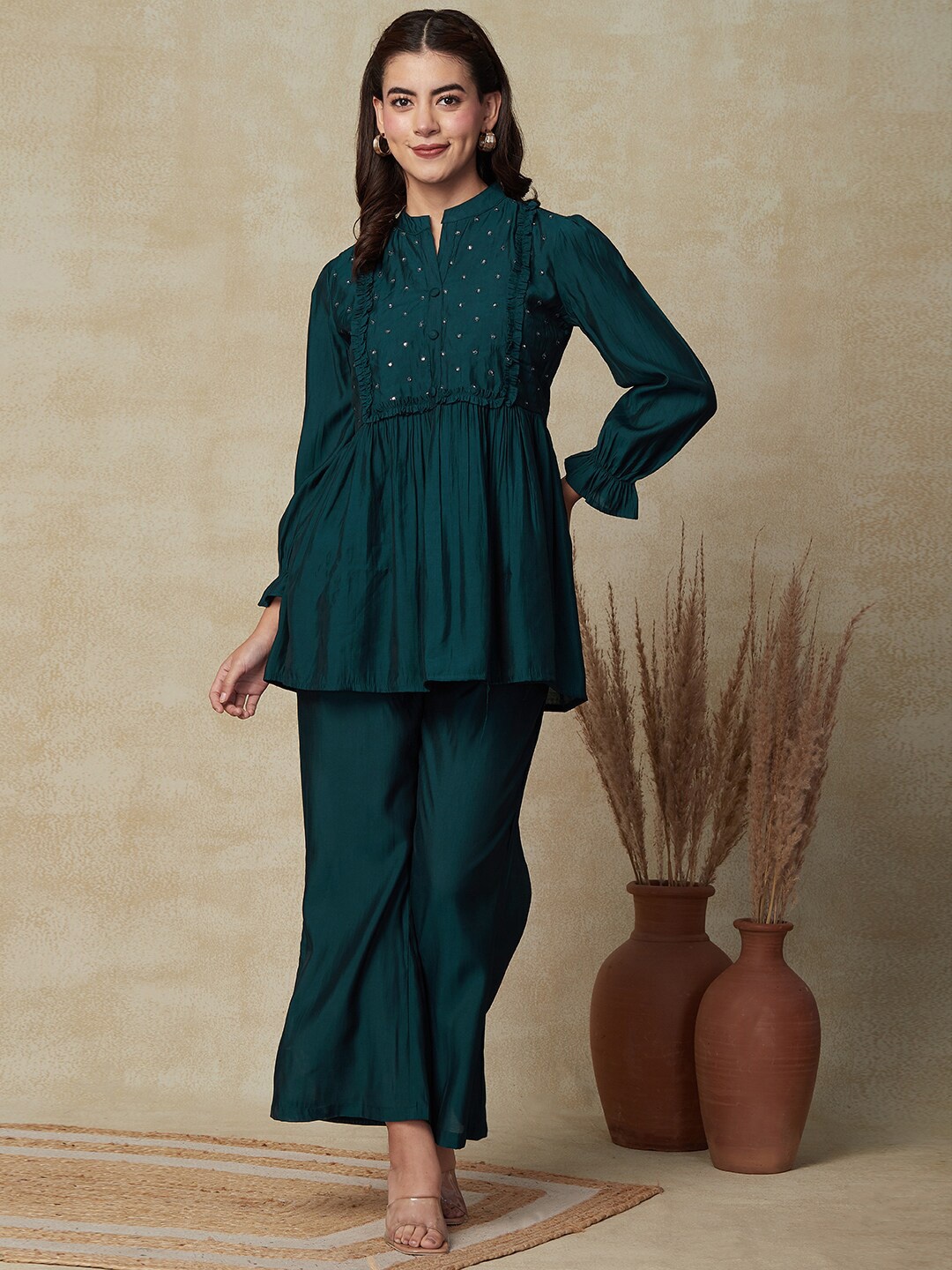 FASHOR Mirror Work Kurti With Trousers, Teal