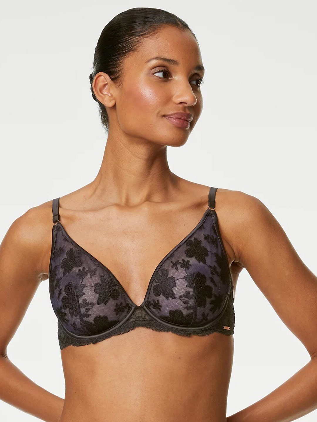 Marks & Spencer Laced Underwired Non-Padded Plunge Bra With All Day Comfort, Navy blue
Marks & Spencer Laced Underwired Non-Padded Plunge Bra With All Day Comfort, Navy blue