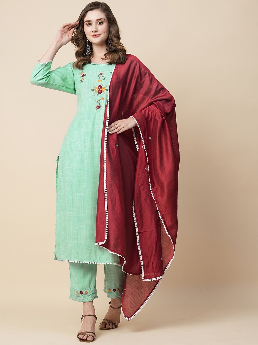 KALINI Floral Yoke Design Thread Work Straight Kurta With Trousers & Dupatta, Turquoise blue
KALINI Floral Yoke Design Thread Work Straight Kurta With Trousers & Dupatta, Turquoise blue