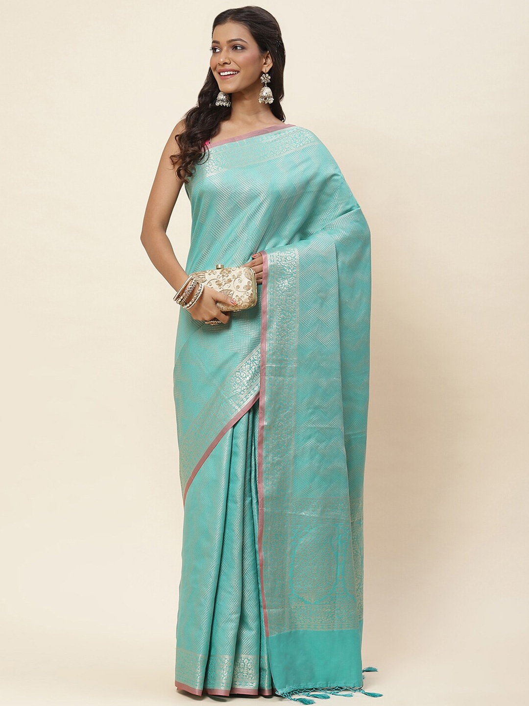 Meena Bazaar Geometric Woven Design Zari Banarasi Saree, Sea green