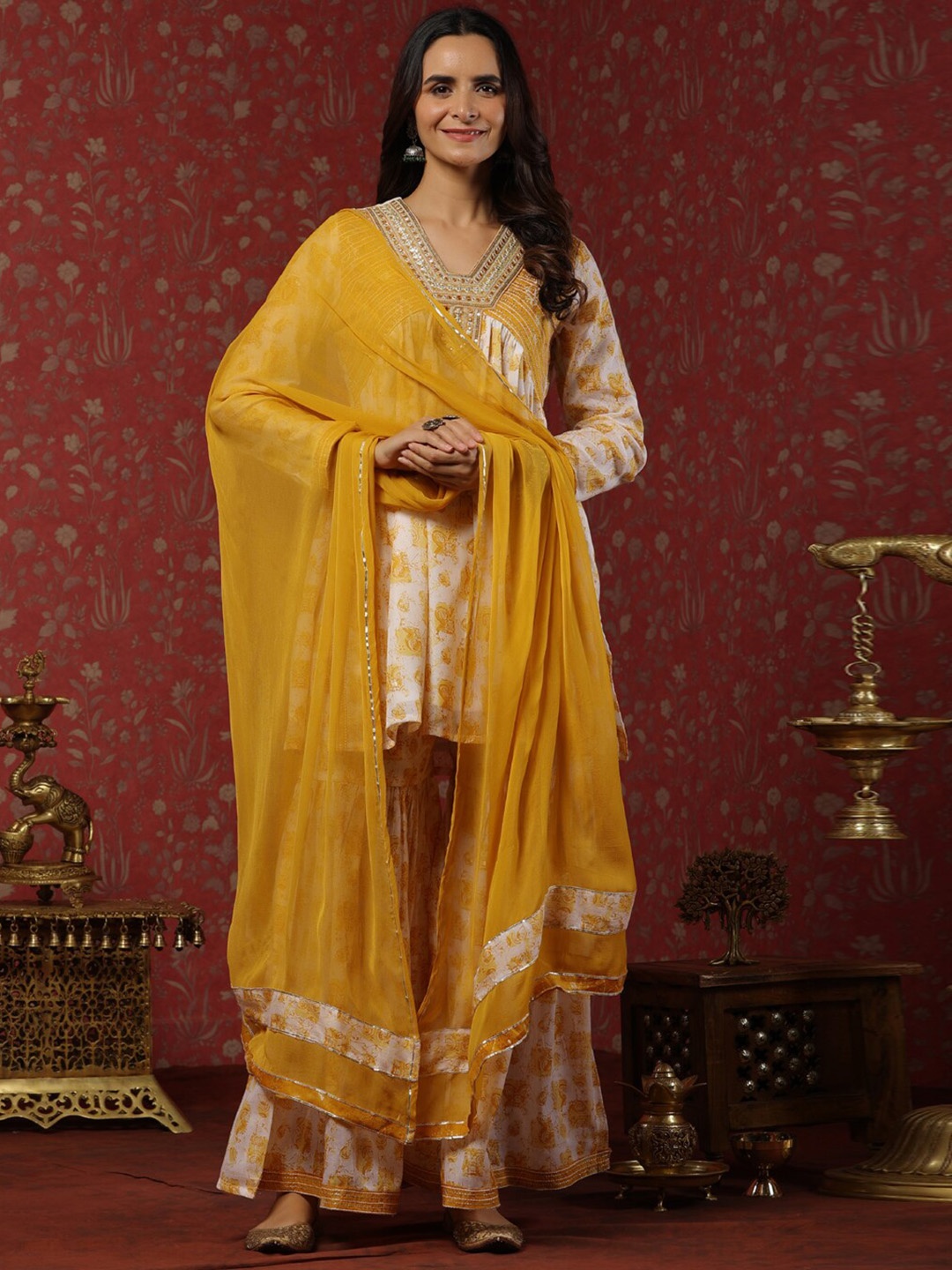 Readiprint Floral Printed Mirror Work Pure Cotton Kurta & Sharara With Dupatta, Mustard
Readiprint Floral Printed Mirror Work Pure Cotton Kurta & Sharara With Dupatta, Mustard
