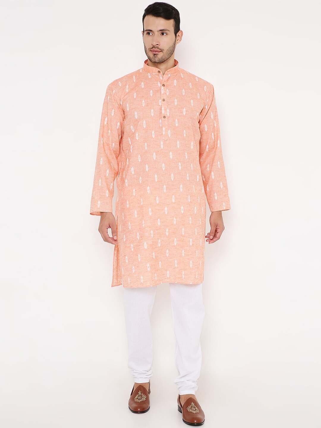 Maharaja Ethnic Motifs Woven Design Band Collar Long Sleeve Linen Kurta With Pyjama, Orange
Maharaja Ethnic Motifs Woven Design Band Collar Long Sleeve Linen Kurta With Pyjama, Orange