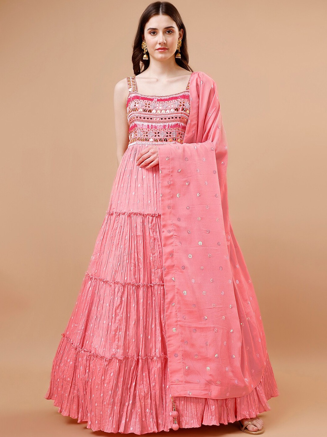 JUST FASHION Floral Embroidered Shoulder Straps Tiered Gown Ethnic Dresses With Dupatta, Pink
JUST FASHION Floral Embroidered Shoulder Straps Tiered Gown Ethnic Dresses With Dupatta, Pink
