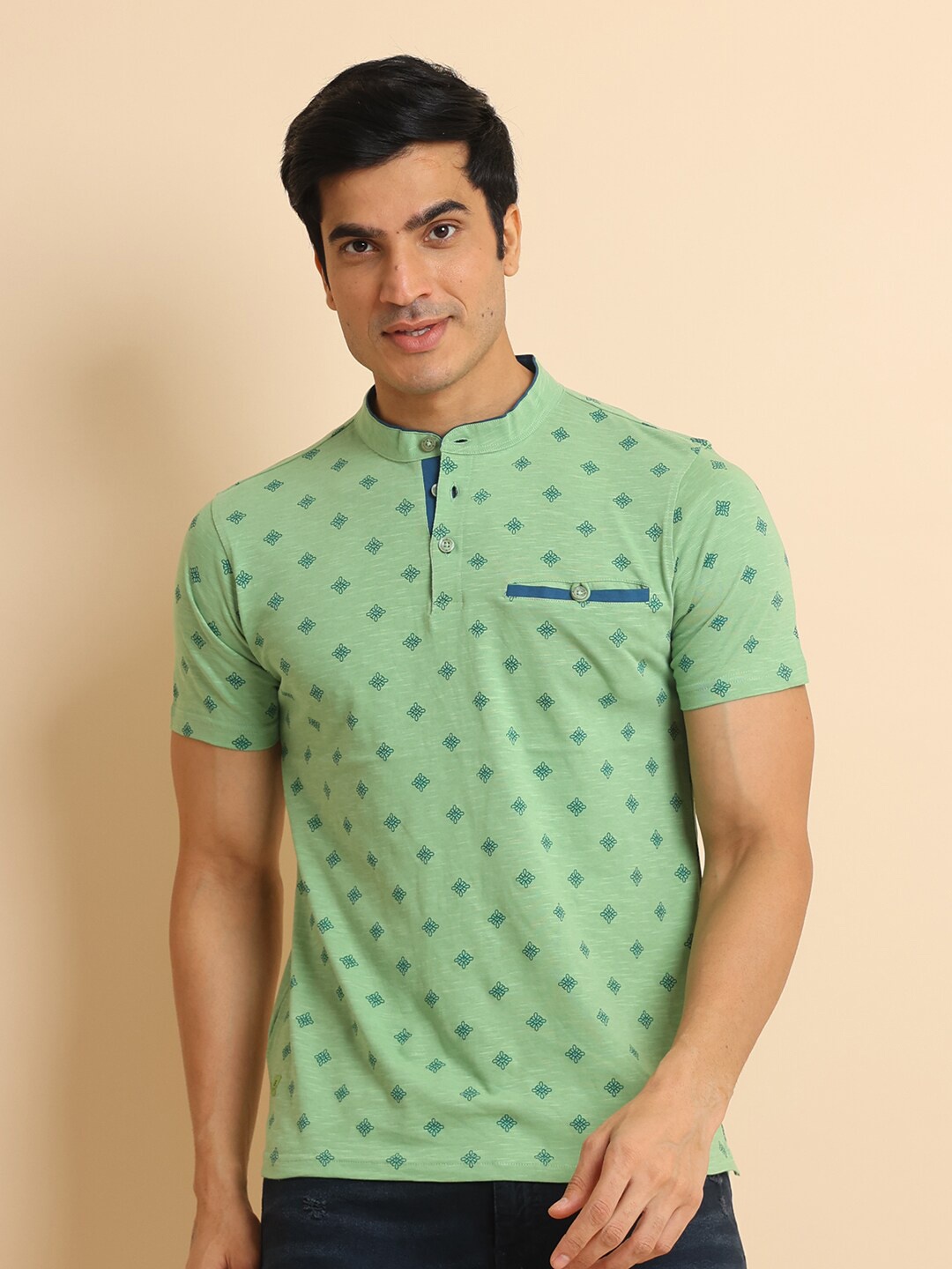 berry blues Conversational Printed Short Sleeves Mandarin Collar Casual Cotton T-shirt, Green
berry blues Conversational Printed Short Sleeves Mandarin Collar Casual Cotton T-shirt, Green