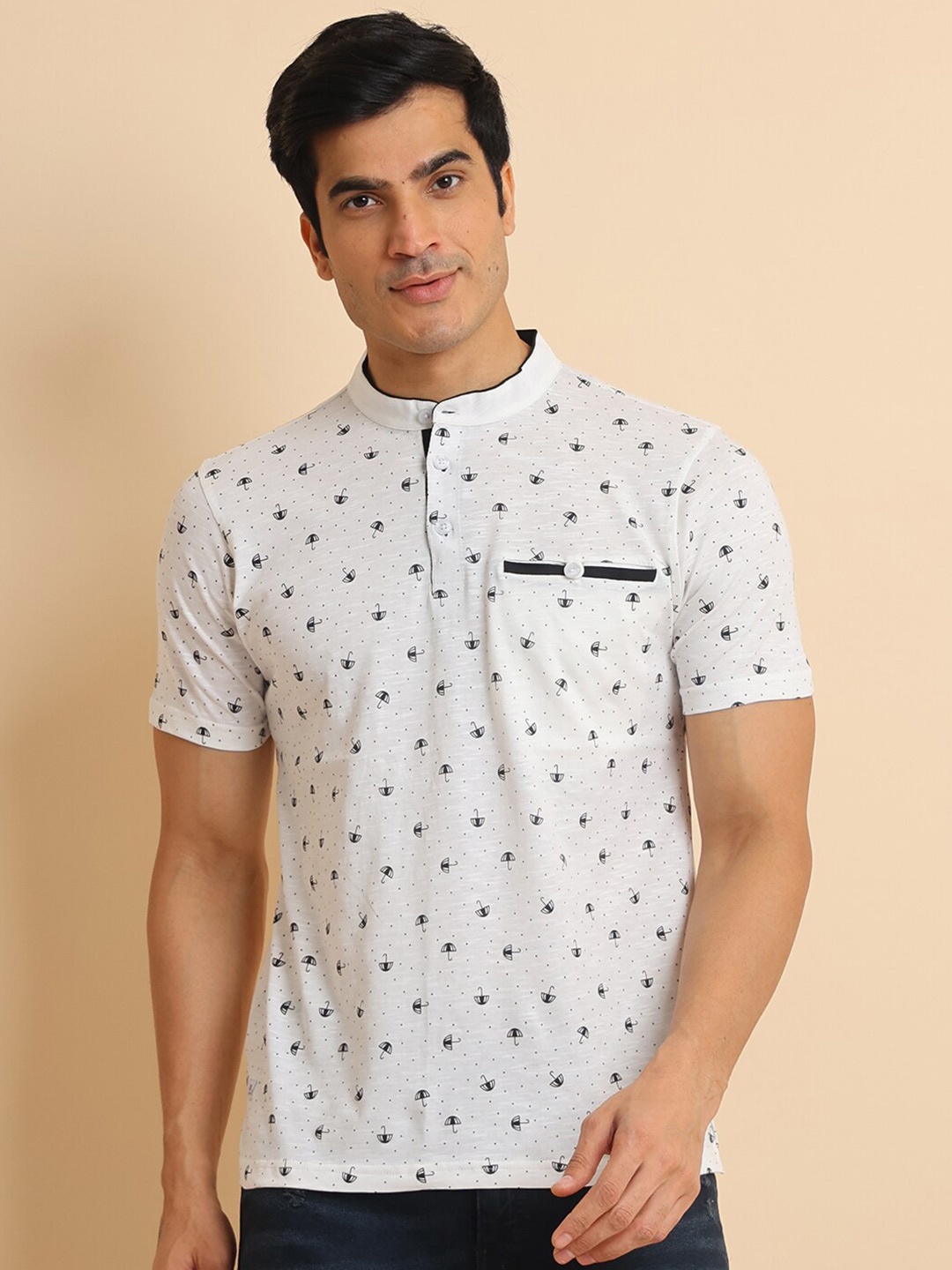berry blues Conversational Printed Band Collar Short Sleeves Cotton T-shirt, Off white
berry blues Conversational Printed Band Collar Short Sleeves Cotton T-shirt, Off white