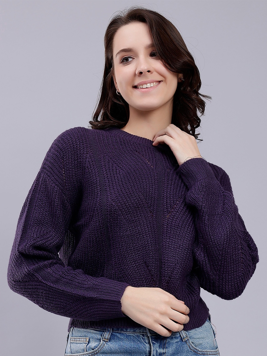 Malachi Self Design Cable Knit Acrylic Pullover Sweater, Purple