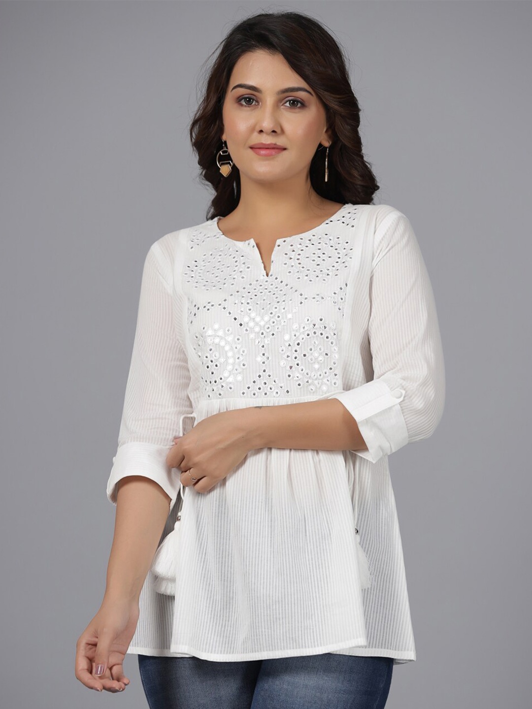 Juniper Striped Printed Round Neck Three-Quarter Sleeve A-Line Mirror Work Cotton Kurti, White
Juniper Striped Printed Round Neck Three-Quarter Sleeve A-Line Mirror Work Cotton Kurti, White