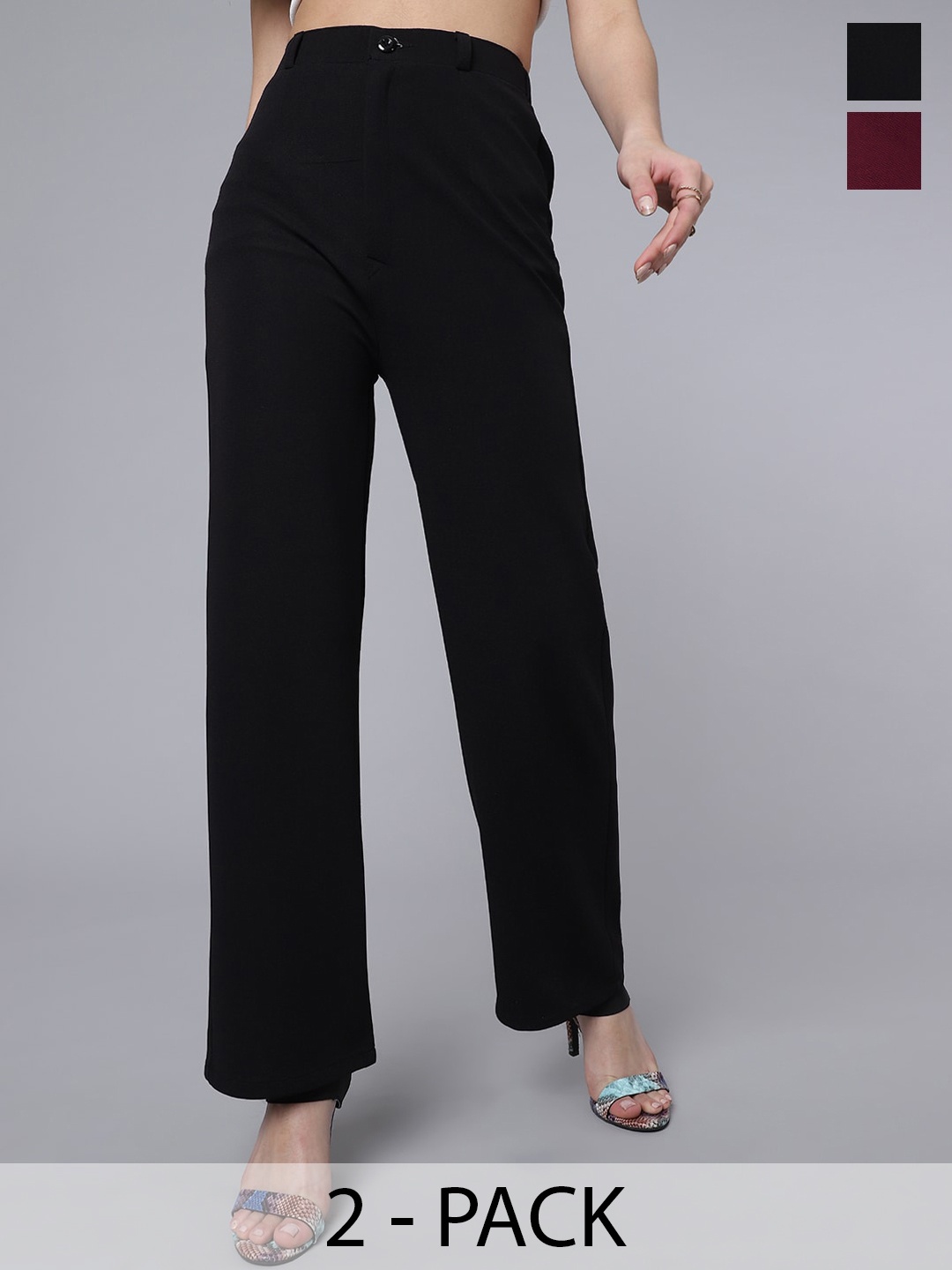 Purple Feather Women Pack Of 2 Smart Straight Fit High-Rise Parallel Trousers, Black
Purple Feather Women Pack Of 2 Smart Straight Fit High-Rise Parallel Trousers, Black