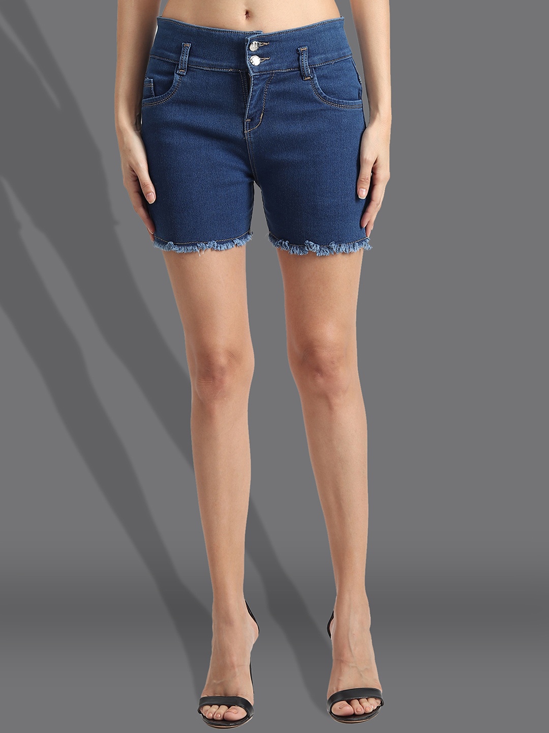 A-Okay Women Slim Fit Mid-Rise Stretchable Denim Shorts, Blue