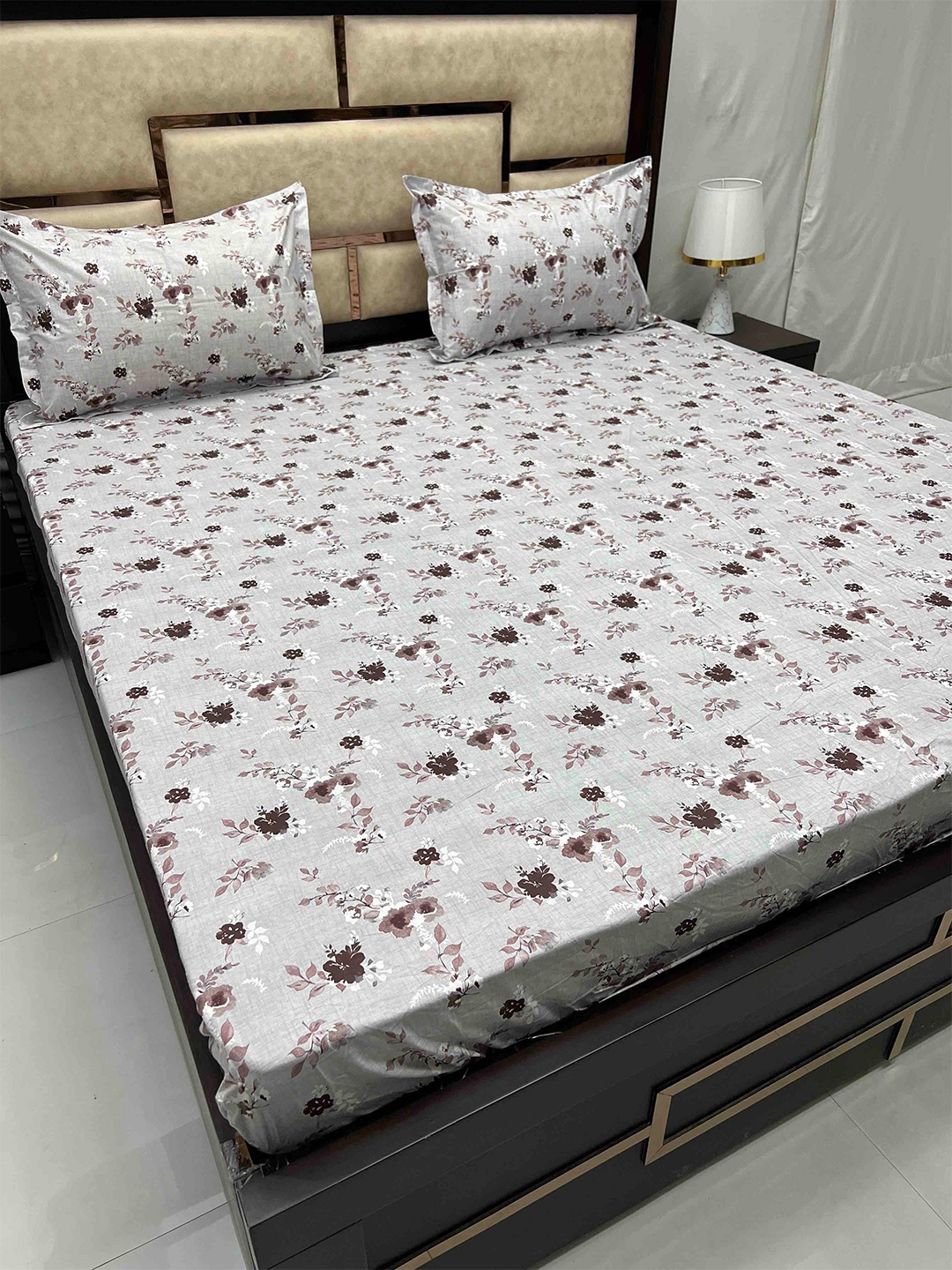 Pure Decor Gem Grey Pure Cotton 330 TC Super King Fitted Bedsheet with 2 Pillow Covers