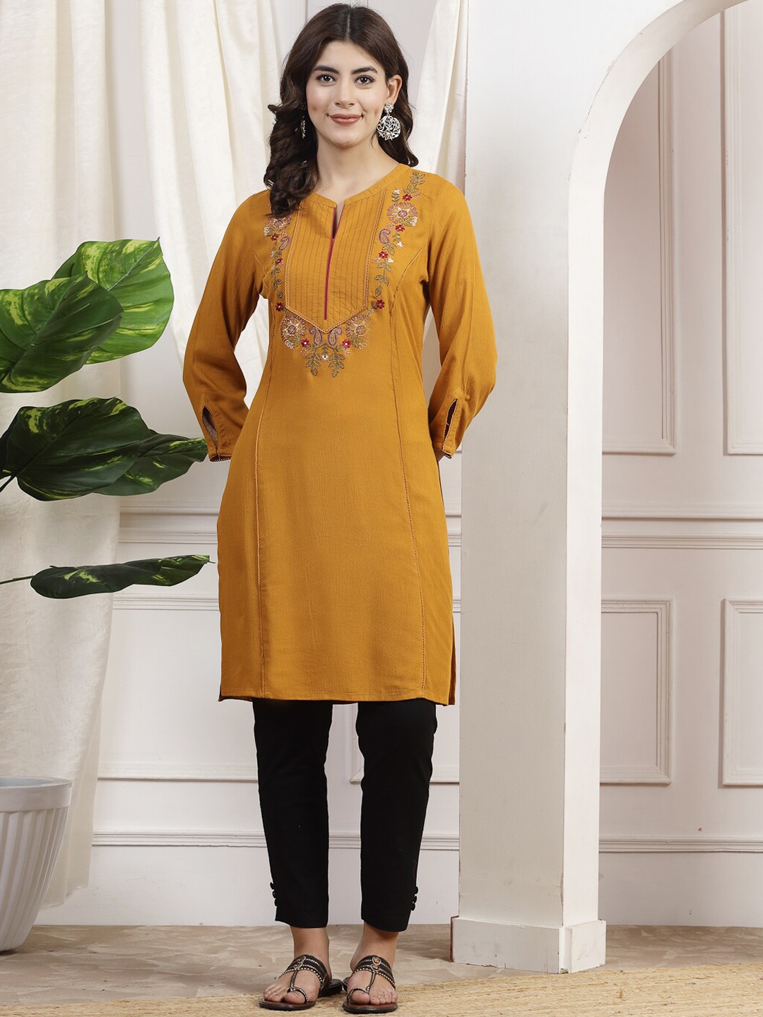 Nayam By Lakshita Floral Embroidered Mandarin CollarThread Work Straight Kurta, Mustard
Nayam By Lakshita Floral Embroidered Mandarin CollarThread Work Straight Kurta, Mustard