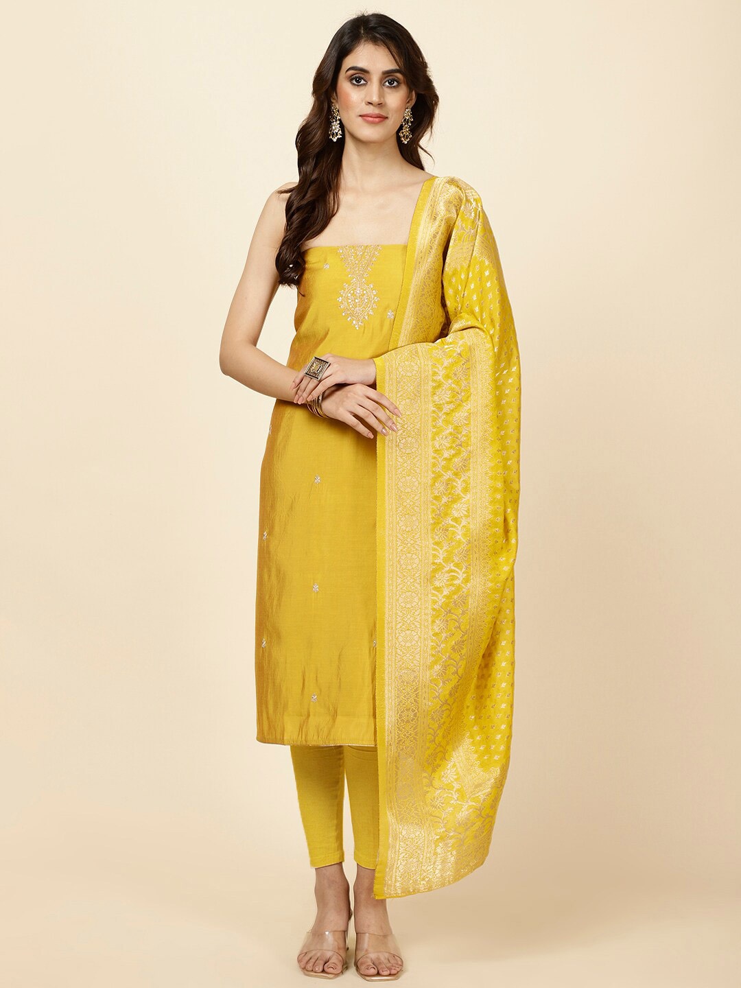 Meena Bazaar Ethnic Motifs Woven Design Sequinned Art Silk Unstitched Dress Material, Mustard
Meena Bazaar Ethnic Motifs Woven Design Sequinned Art Silk Unstitched Dress Material, Mustard