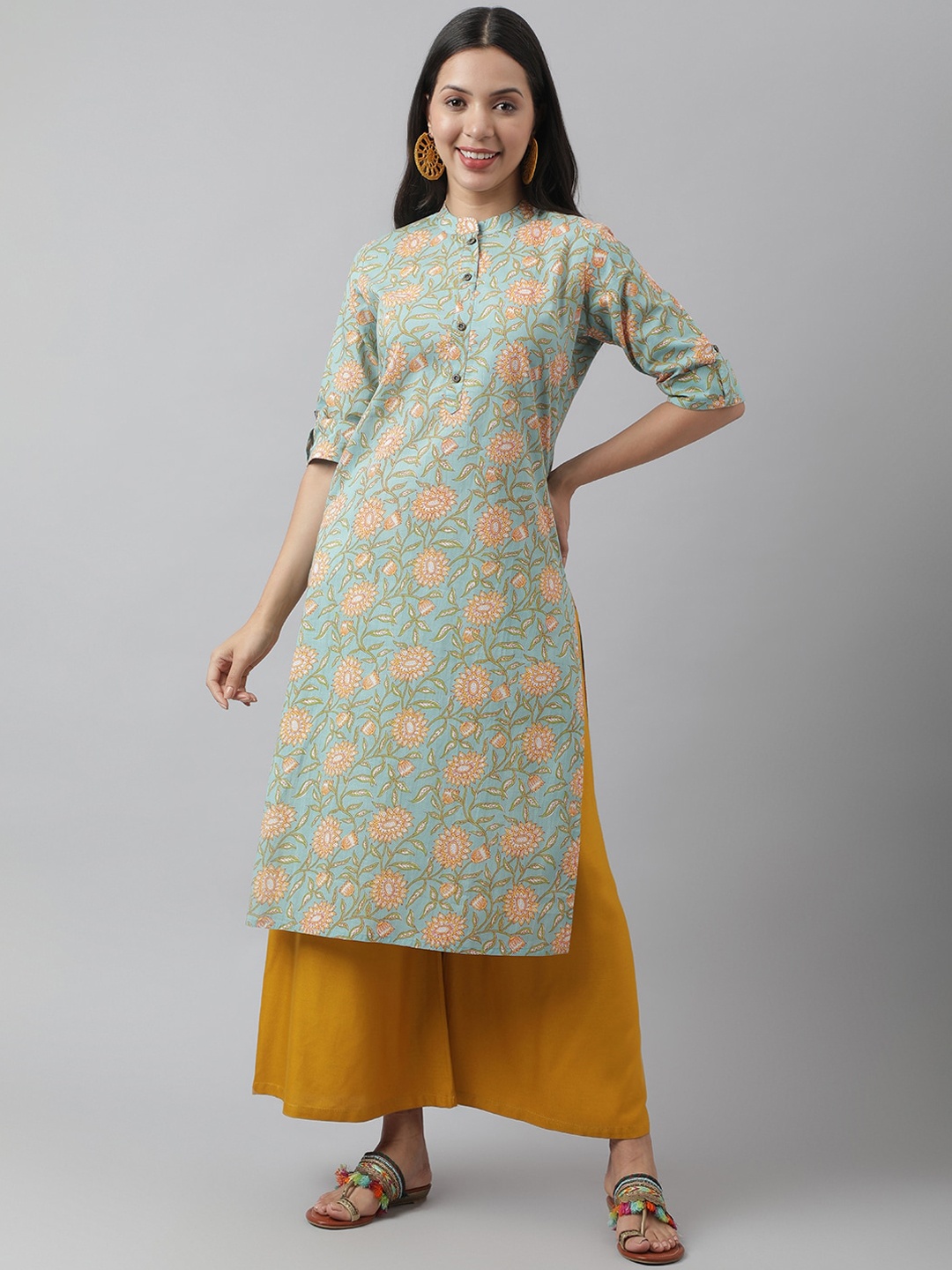 KALINI Floral Printed Mandarin Collar Roll-Up Sleeves Cotton Straight Kurta, Sea green
KALINI Floral Printed Mandarin Collar Roll-Up Sleeves Cotton Straight Kurta, Sea green