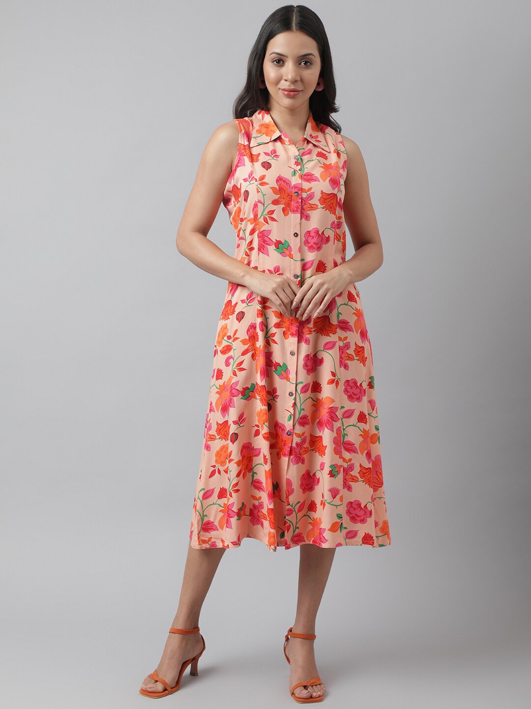 KALINI Floral Printed Shirt Collar Cotton Midi Shirt Dress, Peach