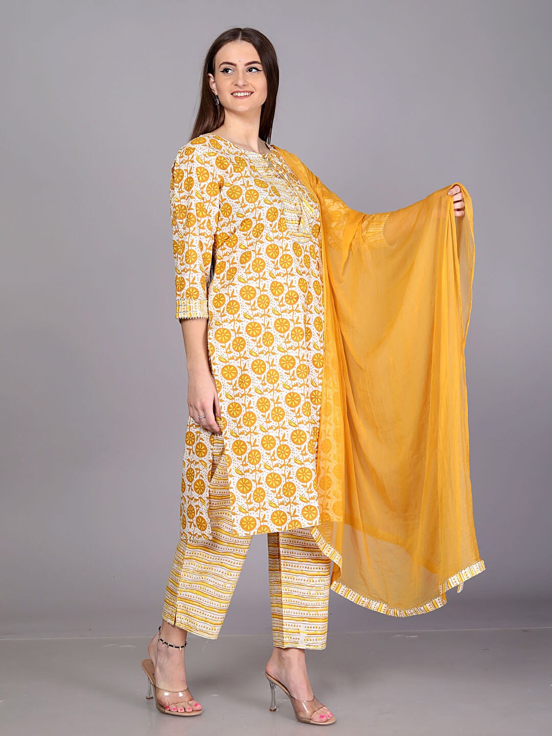 HIGHLIGHT FASHION EXPORT Floral Printed Pure Cotton Kurta With Trousers & Dupatta, Yellow
HIGHLIGHT FASHION EXPORT Floral Printed Pure Cotton Kurta With Trousers & Dupatta, Yellow