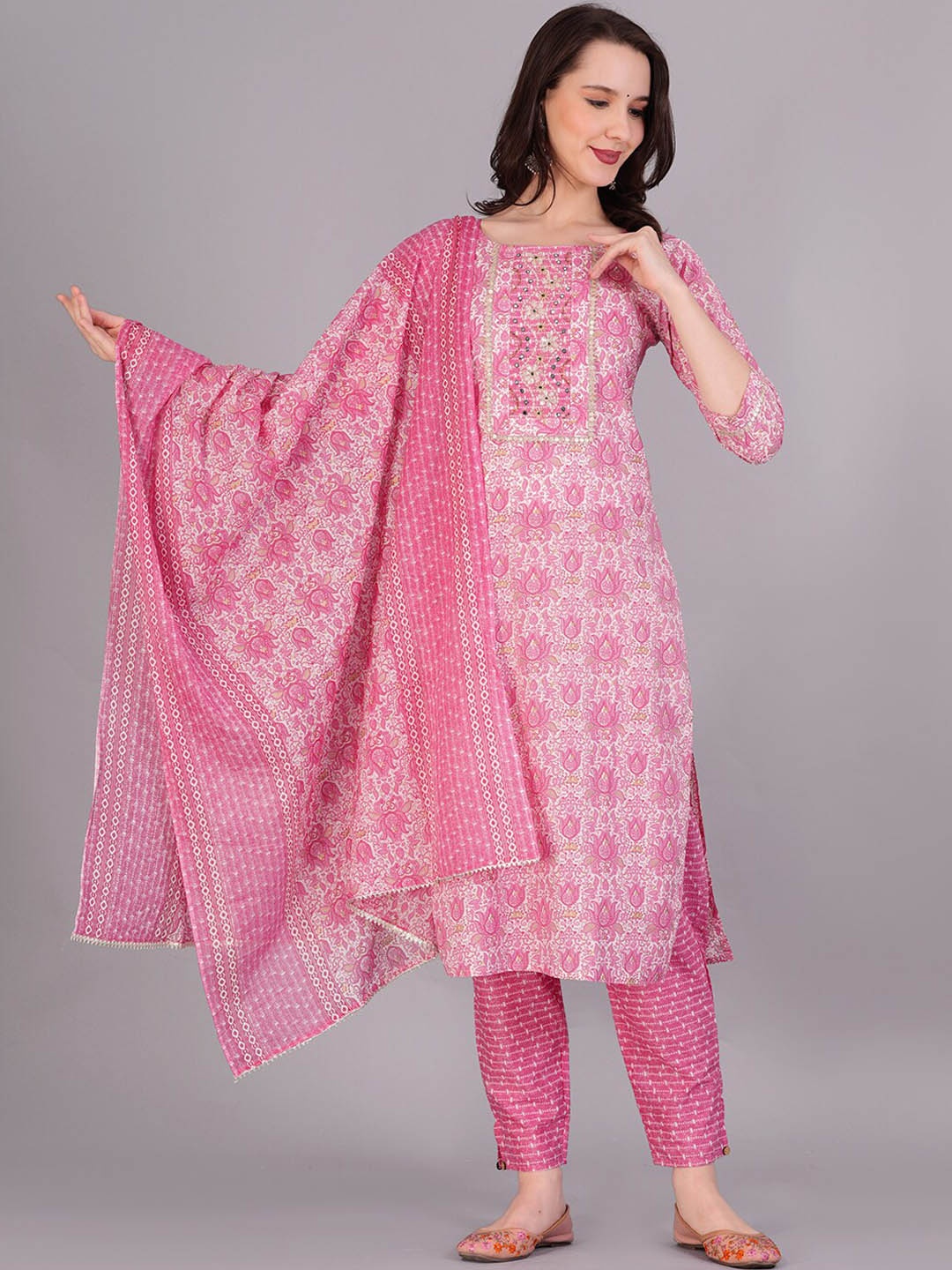 HIGHLIGHT FASHION EXPORT Ethnic Printed Mirror Work Cotton Kurta With Trousers & Dupatta, Pink
HIGHLIGHT FASHION EXPORT Ethnic Printed Mirror Work Cotton Kurta With Trousers & Dupatta, Pink