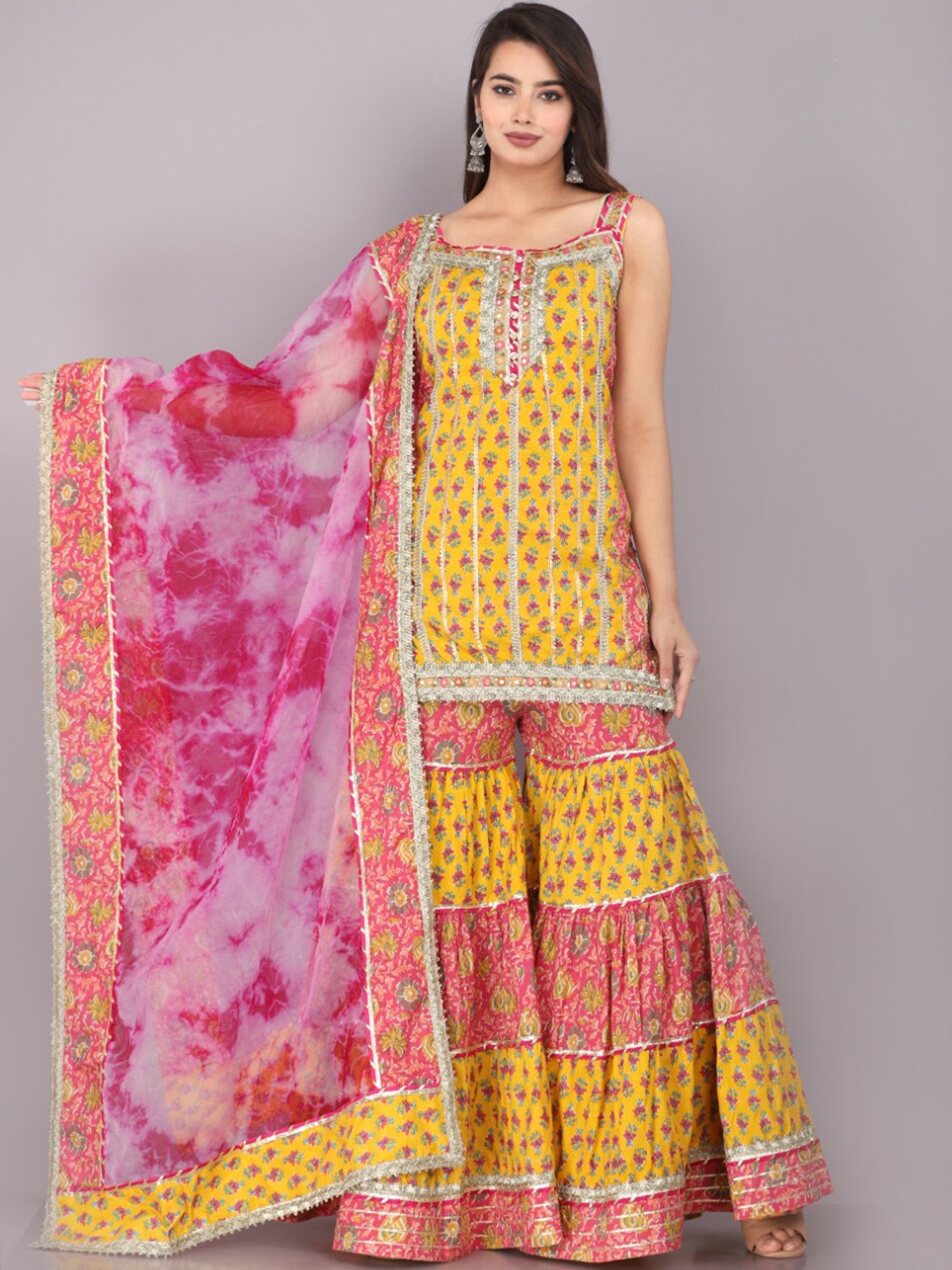 HIGHLIGHT FASHION EXPORT Floral Printed Gotta Patti Cotton Kurta With Sharara & Dupatta, Yellow
HIGHLIGHT FASHION EXPORT Floral Printed Gotta Patti Cotton Kurta With Sharara & Dupatta, Yellow