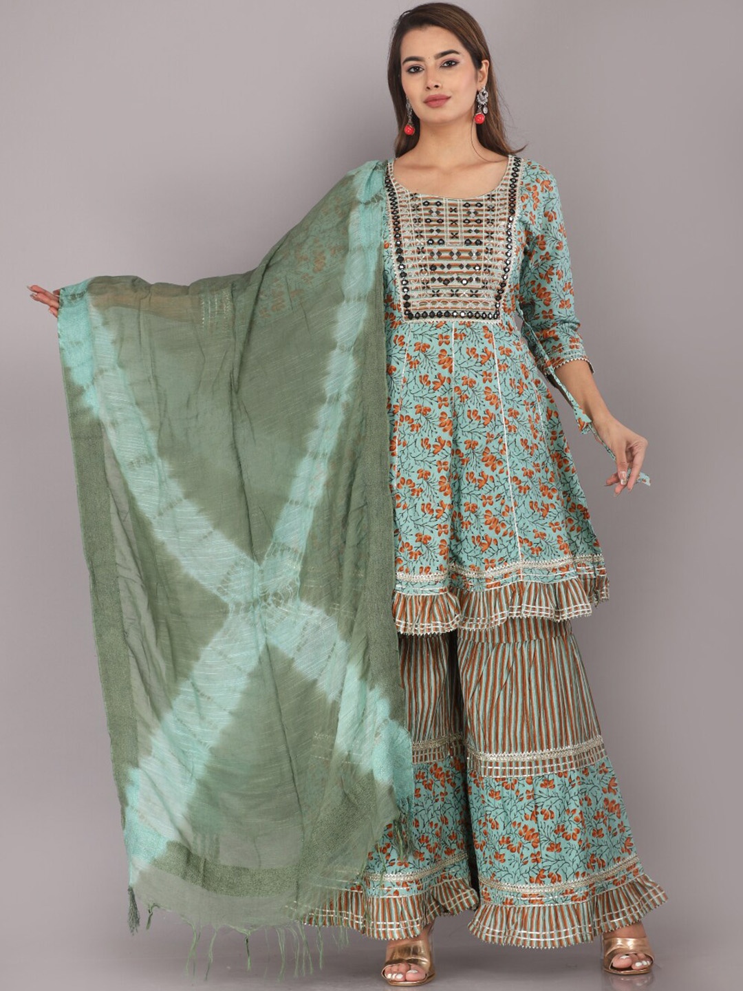 HIGHLIGHT FASHION EXPORT Floral Printed Pure Cotton A-Line Kurta & Sharara With Dupatta, Green