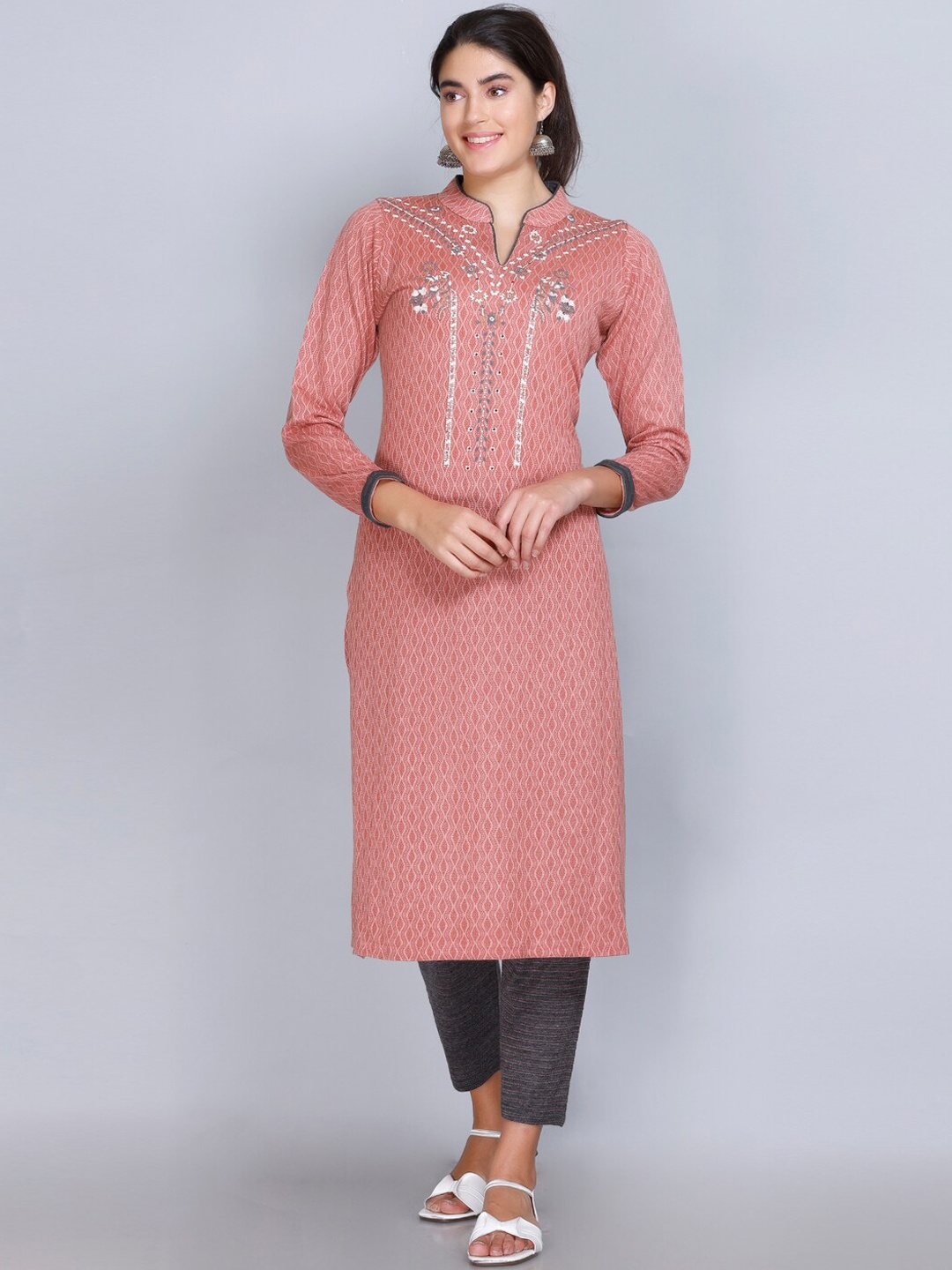 VELVTINE Ethnic Motif Printed Thread Work Details Pure Wool Kurta with Trousers, Peach
VELVTINE Ethnic Motif Printed Thread Work Details Pure Wool Kurta with Trousers, Peach