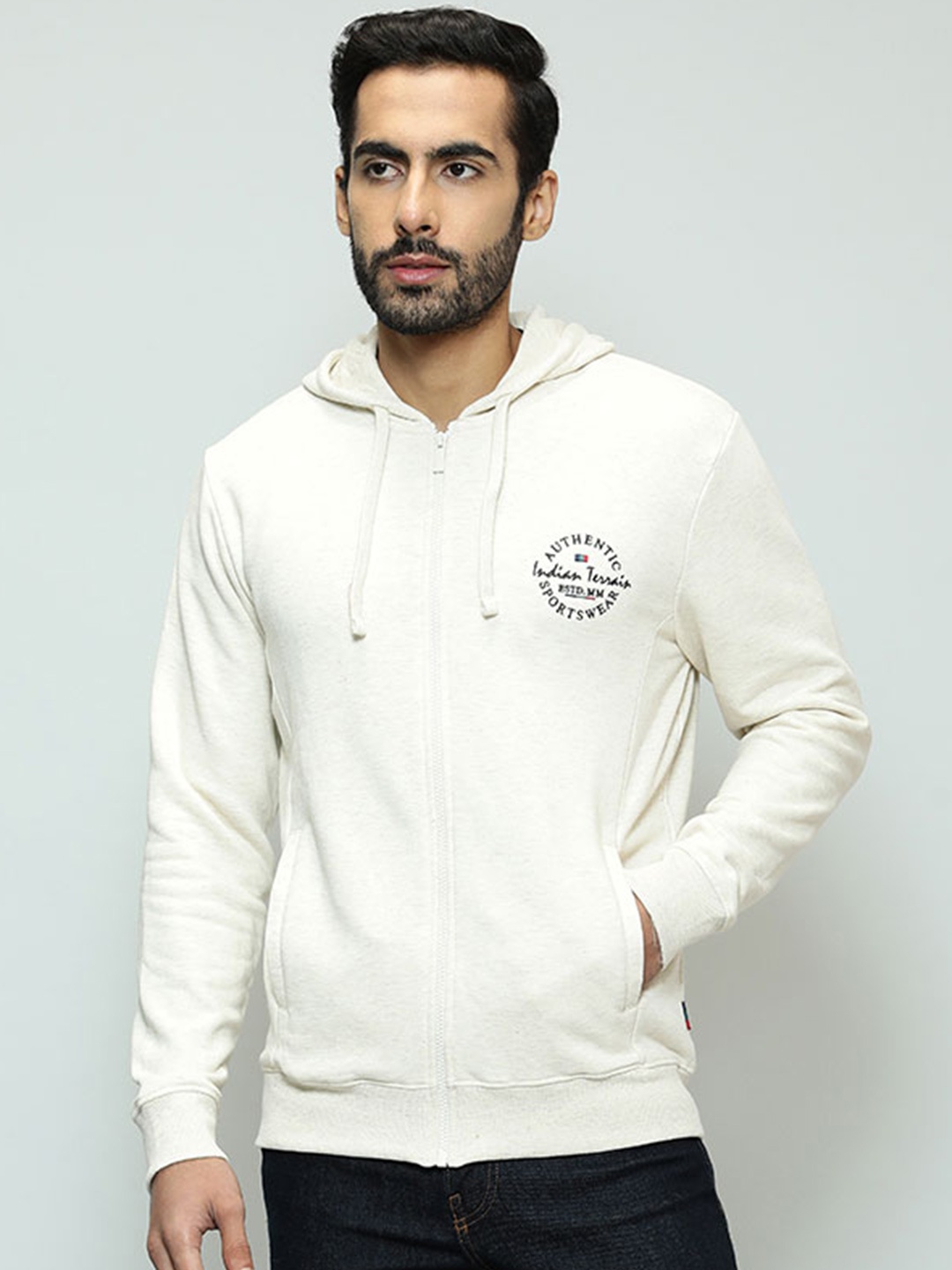 Indian Terrain Typography Printed Hooded Neck Long Sleeve Front-Open Sweatshirt, Off white
Indian Terrain Typography Printed Hooded Neck Long Sleeve Front-Open Sweatshirt, Off white