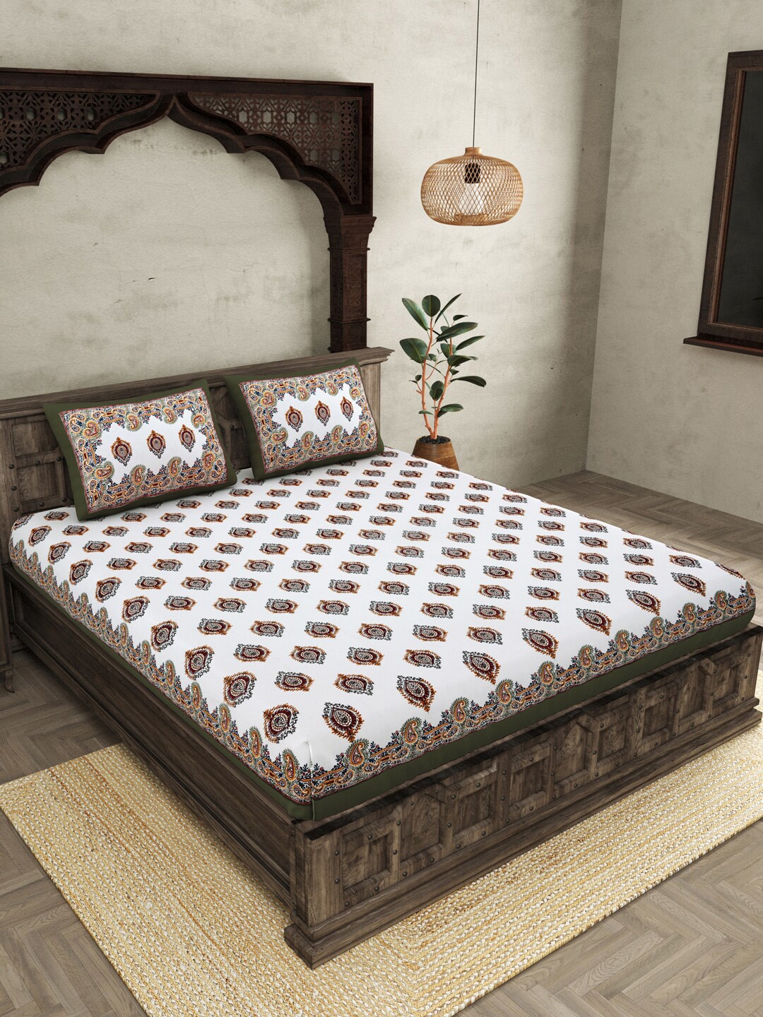 JAIPUR FABRIC White Green Ethnic Motifs Cotton 250 TC King Bedsheet With 2 Pillow Covers
JAIPUR FABRIC White Green Ethnic Motifs Cotton 250 TC King Bedsheet With 2 Pillow Covers