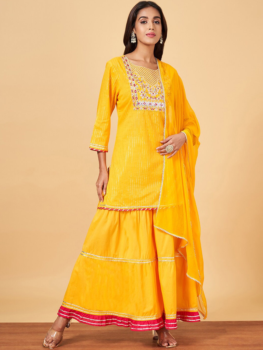 YU by Pantaloons Floral Yoke Design Gotta Patti Pure Cotton Kurta With Sharara & Dupatta, Yellow
YU by Pantaloons Floral Yoke Design Gotta Patti Pure Cotton Kurta With Sharara & Dupatta, Yellow