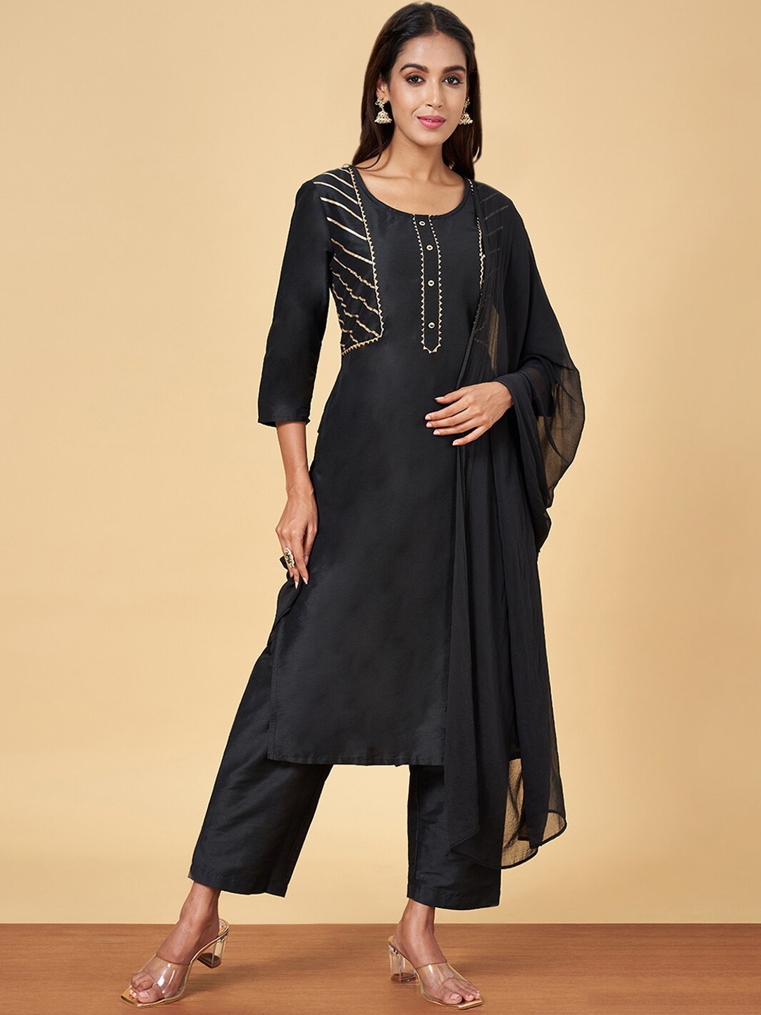 YU by Pantaloons Striped Yoke Design Gotta Patti Kurta With Trousers & Dupatta, Black
YU by Pantaloons Striped Yoke Design Gotta Patti Kurta With Trousers & Dupatta, Black
