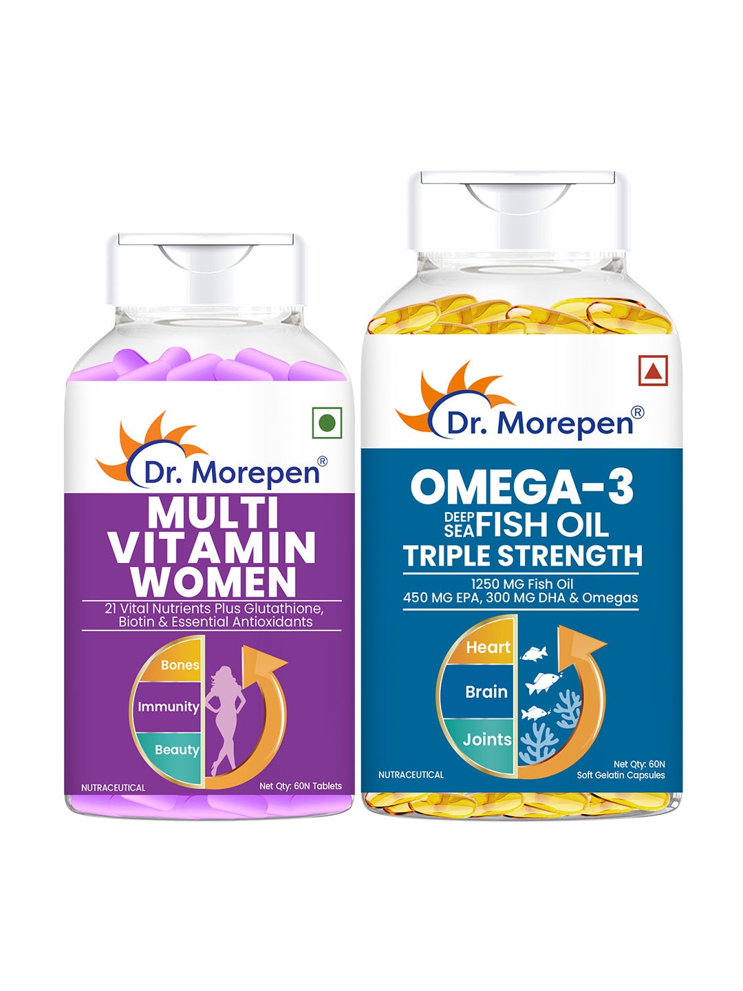 Dr. Morepen Set of Multivitamin Women & Omega 3 Deep Sea Fish Oil Triple Strength 1250 mg, Blue
Dr. Morepen Set of Multivitamin Women & Omega 3 Deep Sea Fish Oil Triple Strength 1250 mg, Blue