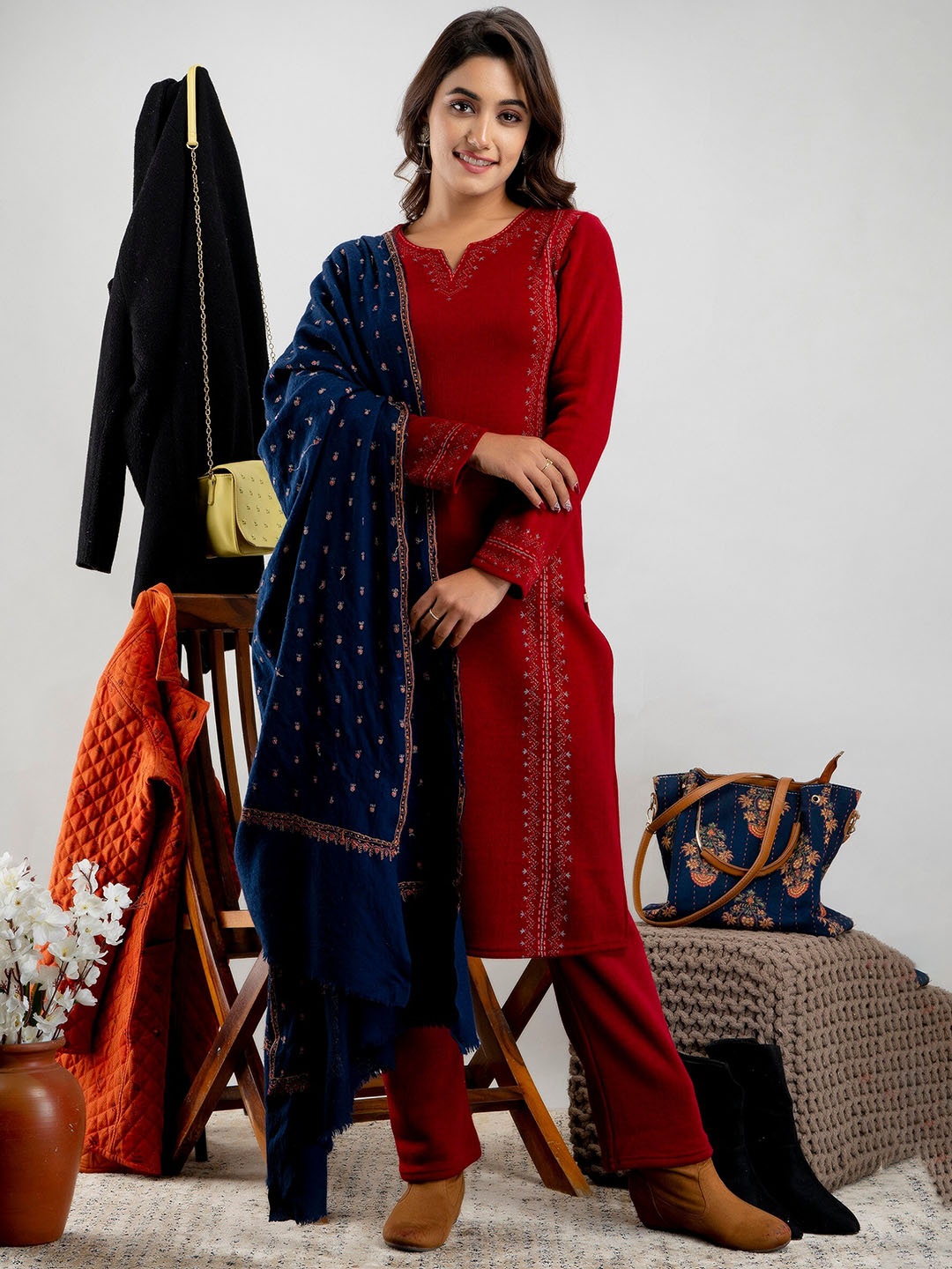 SUTI Ethnic Motifs Embroidered Pure Wool Kurta Set, Maroon