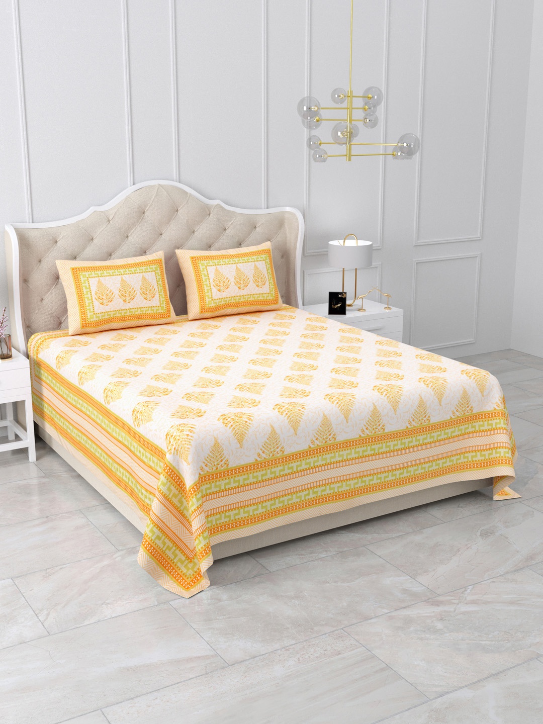 DOLLIFI Yellow & White Ethnic Motifs Cotton 260 TC King Bedsheet With 2 Pillow Covers
DOLLIFI Yellow & White Ethnic Motifs Cotton 260 TC King Bedsheet With 2 Pillow Covers