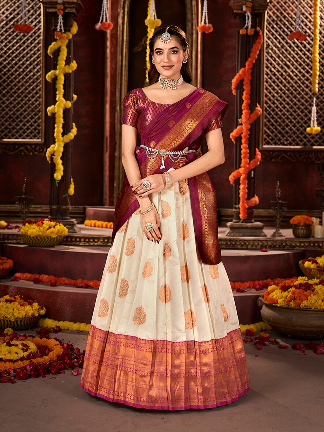 SHOPGARB Woven Design Semi-Stitched Lehenga & Unstitched Blouse With Dupatta, Off white
SHOPGARB Woven Design Semi-Stitched Lehenga & Unstitched Blouse With Dupatta, Off white